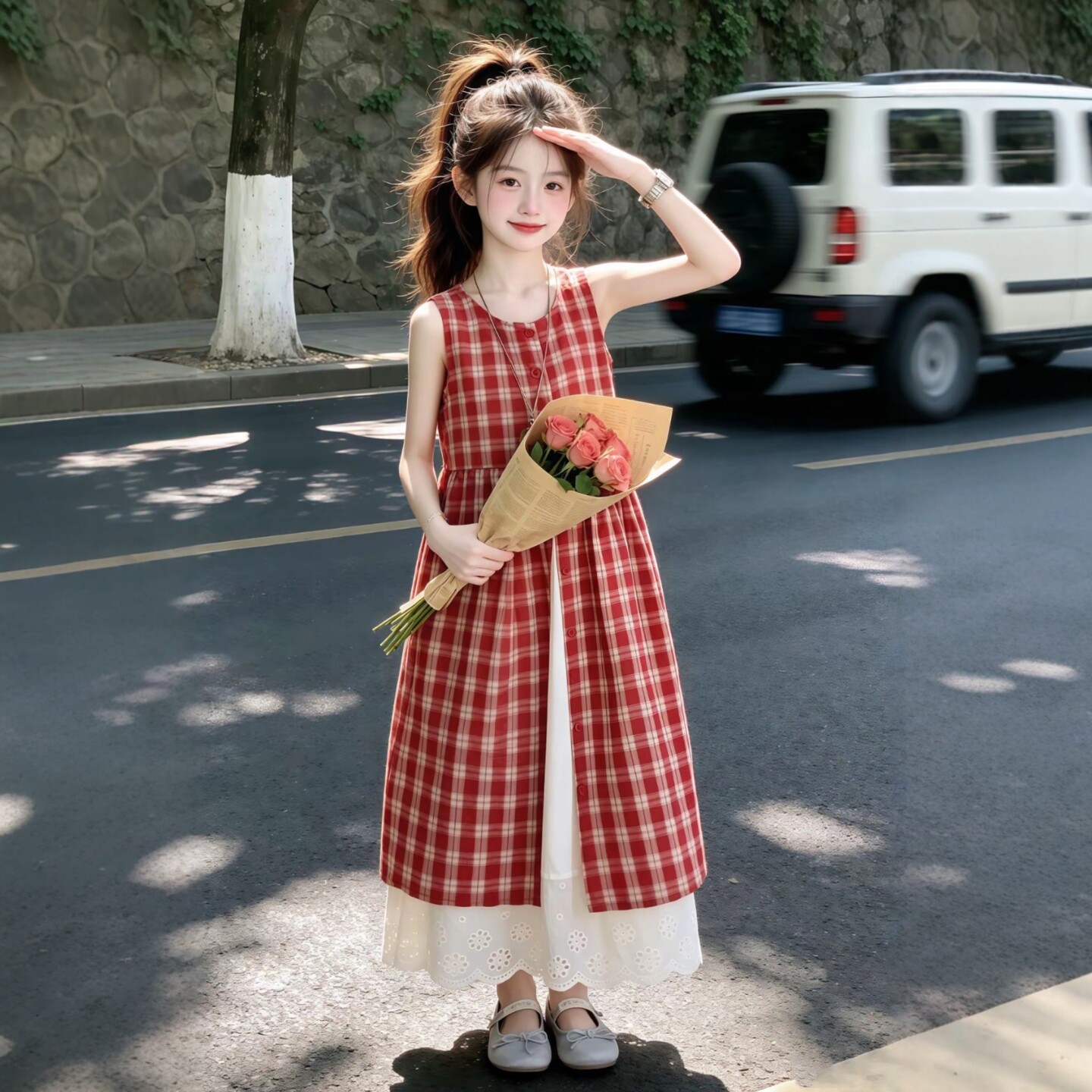 专柜正品女童韩版格子连衣裙夏季无袖中长裙洋气叠穿两件套