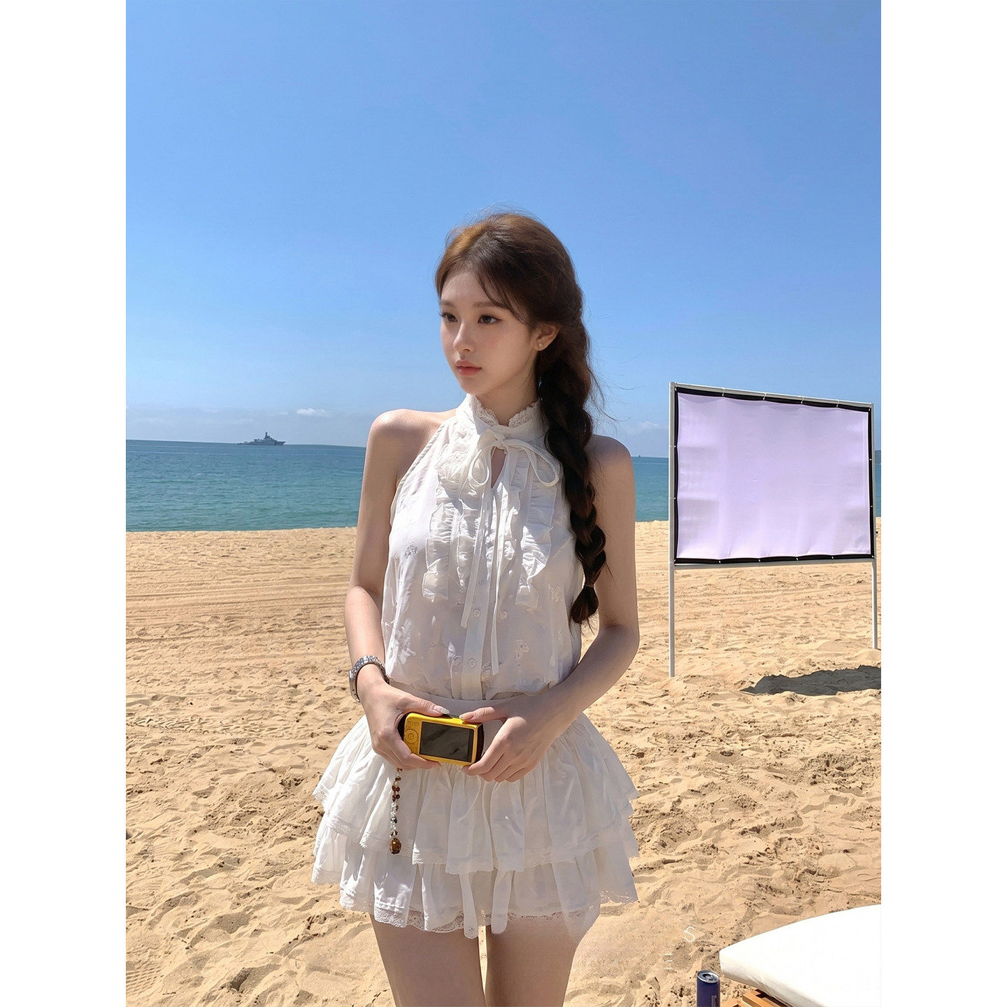 专柜正品法式甜妹风套装裙女夏季挂脖无袖背心衬衣蛋糕短裙两件套