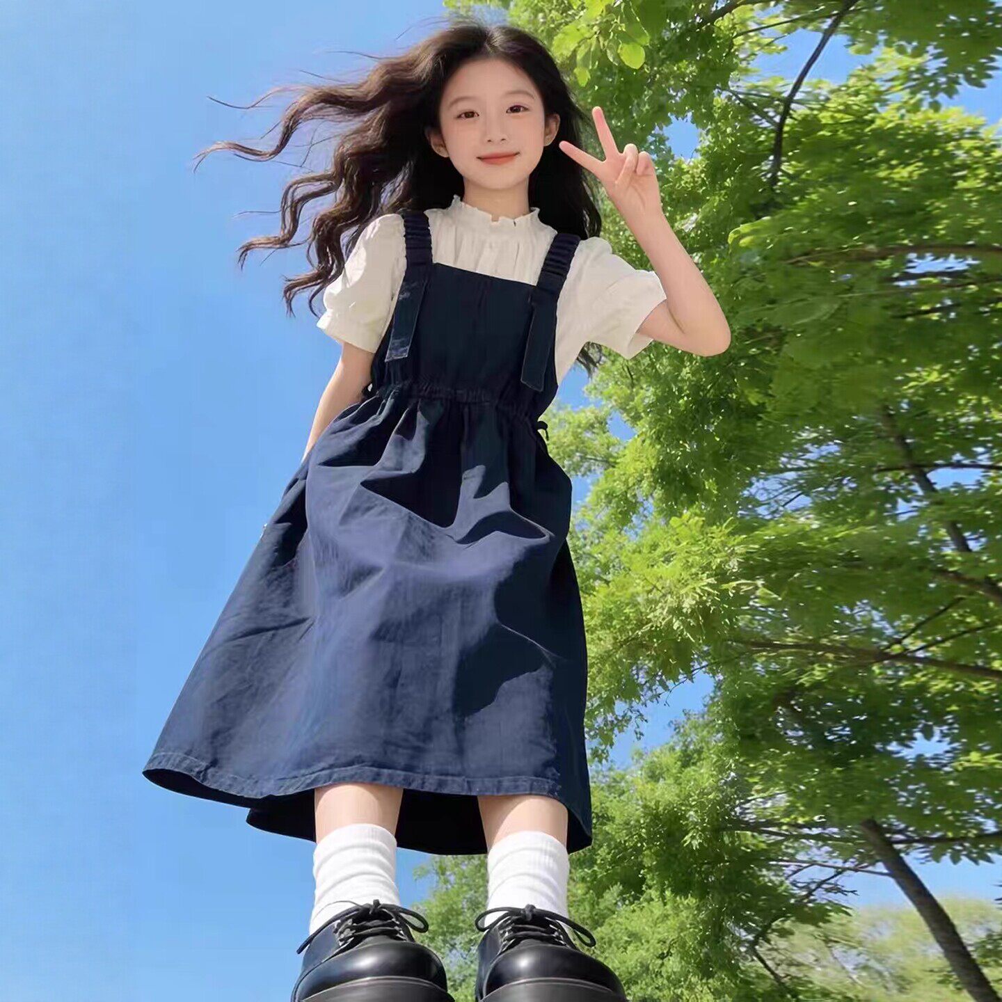专柜正品女童夏季学院风牛仔背带连衣裙甜美小个子两件套中长裙