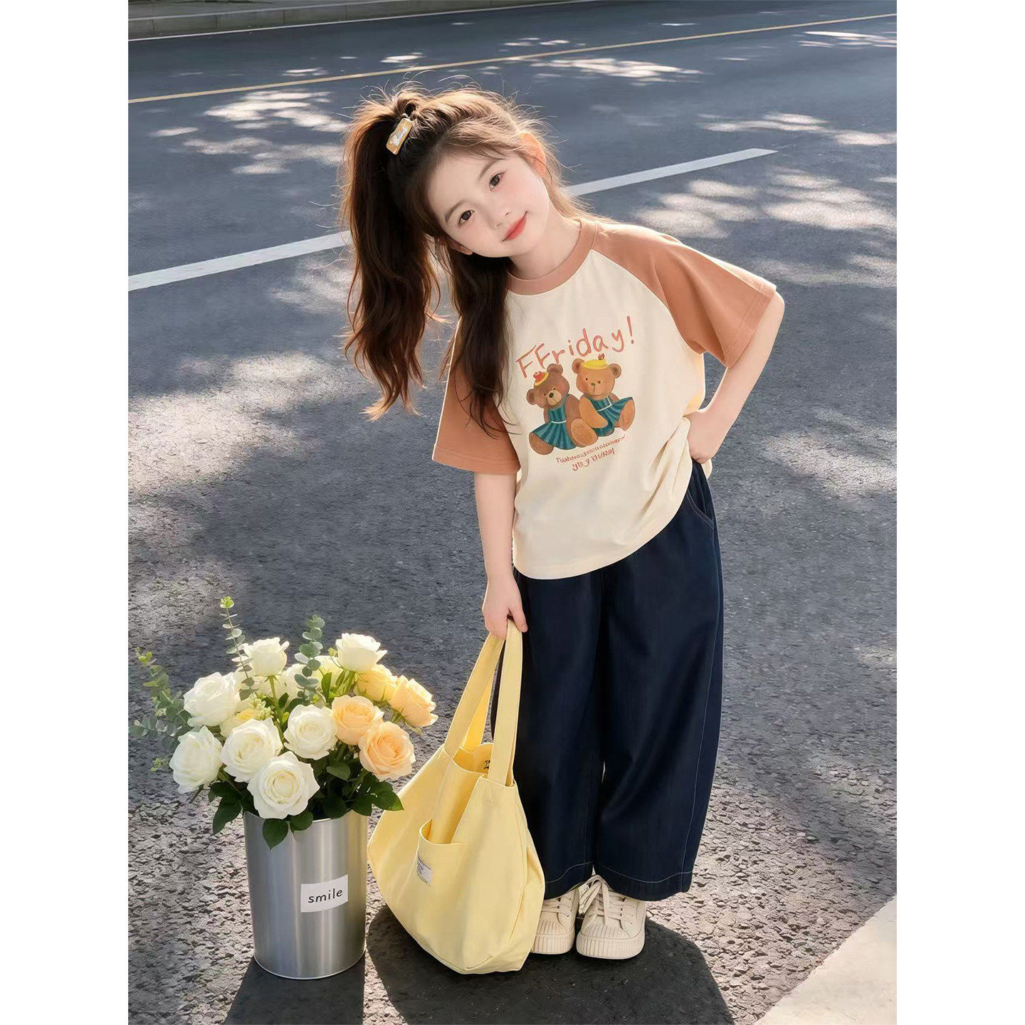 女童套装2026新款夏季儿童薄款直筒阔腿牛仔裤小熊短袖T恤两件套