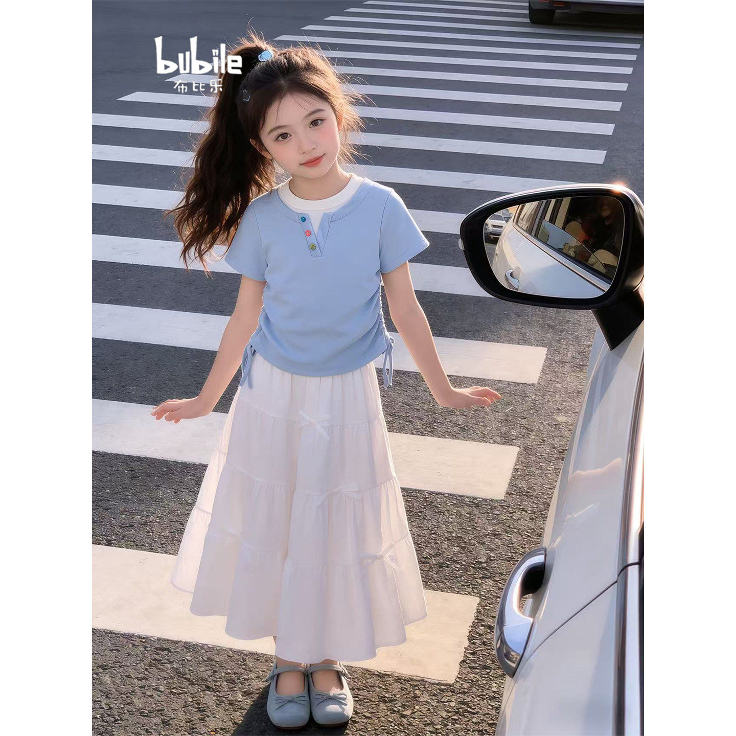 女童套装026新款洋气时髦扣子假两件上衣夏季儿童裙子大童两件套