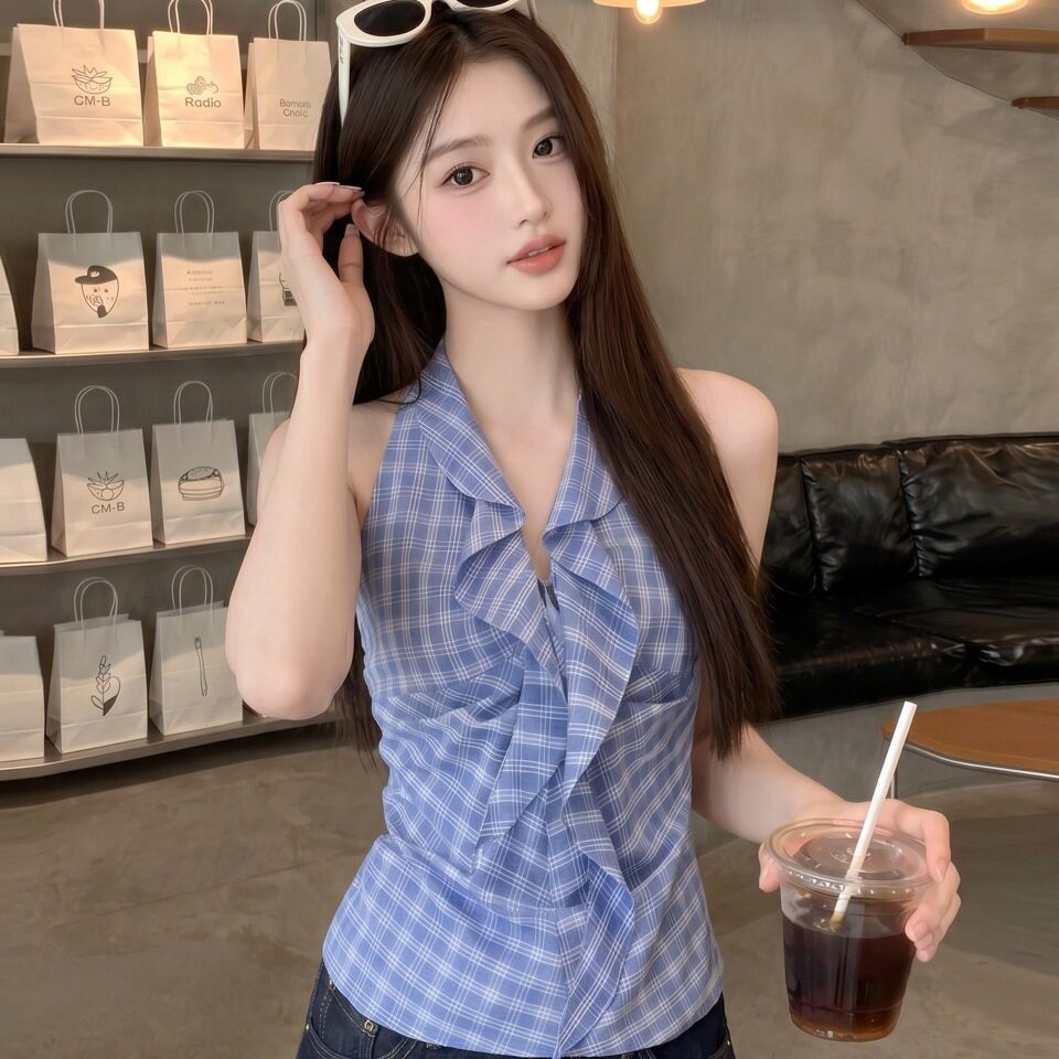 专柜正品都市浪漫夏季设计感蓝色格纹V领挂脖背心上衣女 常规款无