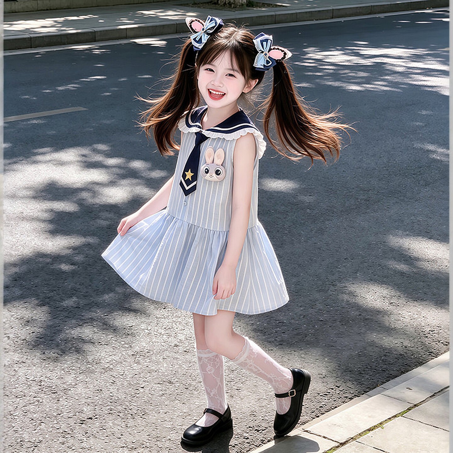专柜正品女童夏季无袖海军风兔子警官连衣裙卡通条纹中长裙洋气薄