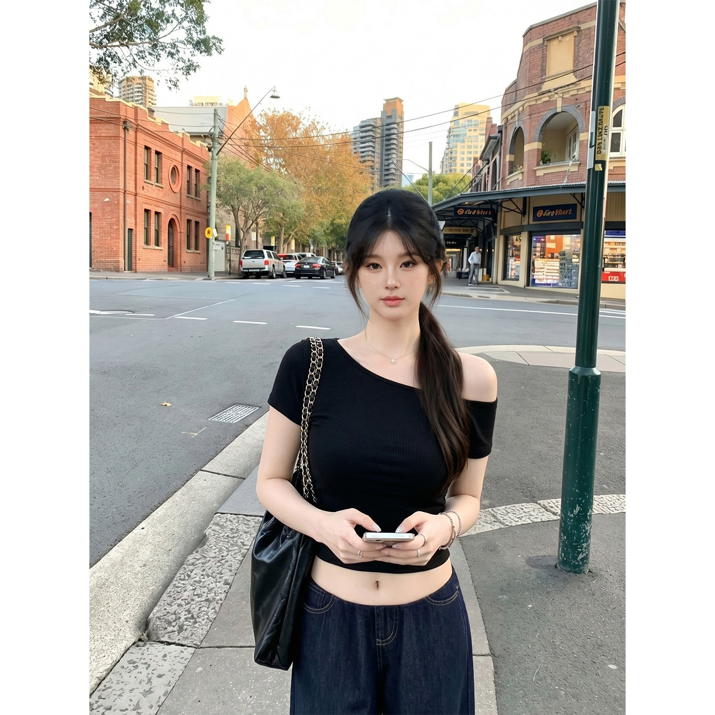 专柜正品黑色斜肩修身短袖t恤女夏季美式辣妹短款修身显瘦露肩上