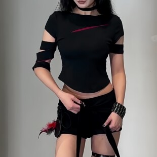 专柜辣妹黑红绑带镂空短袖T恤女修身显瘦气质上衣短袖女夏T恤