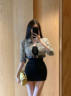 专柜美式酷辣风套装裙女夏季烫钻牛仔外套吊带包臀短裙三件套