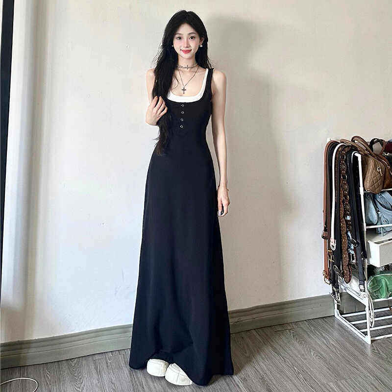 十三行正品小个子黑色假两件无袖背心裙子辣妹包臀长裙修身吊带连