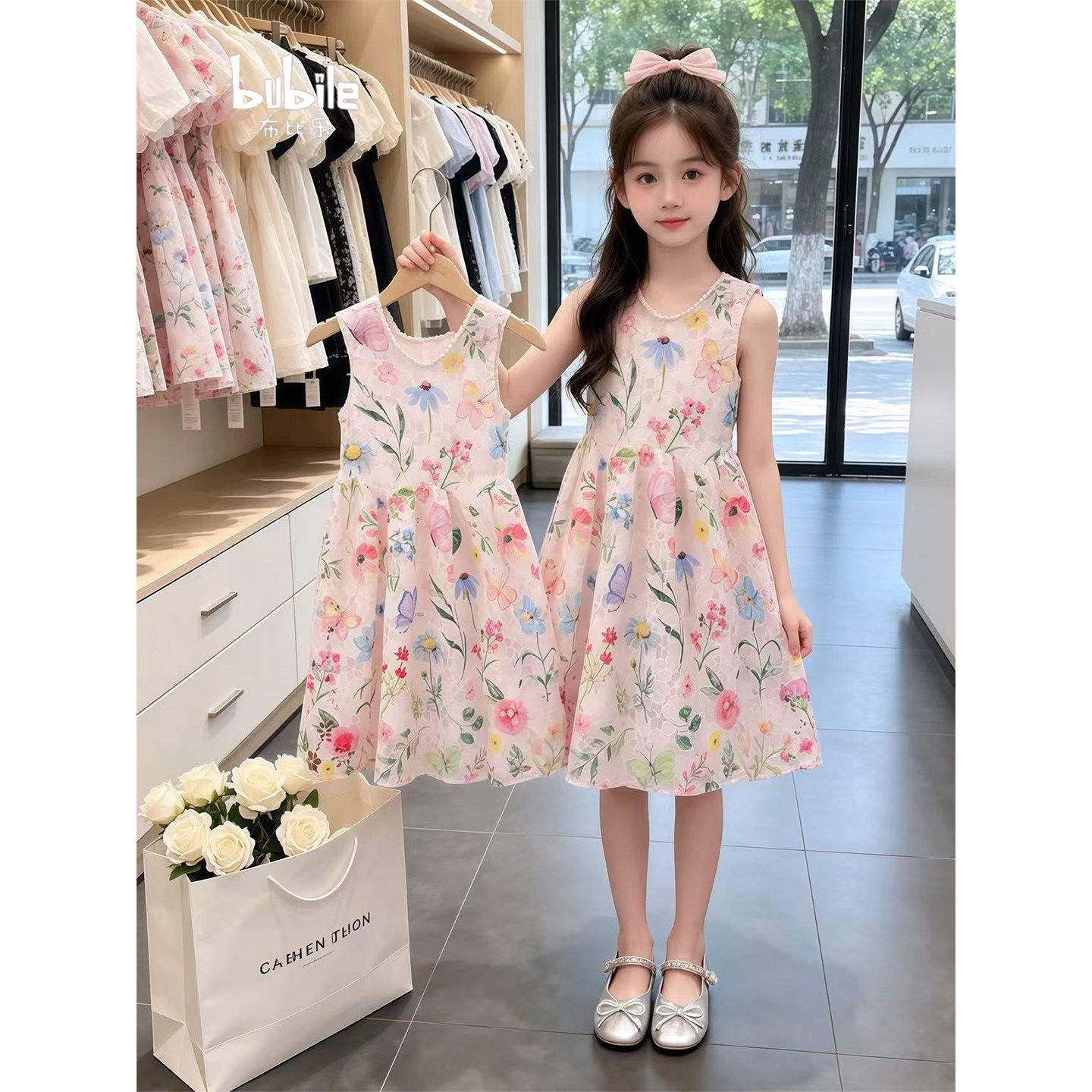 专柜正品女童夏季碎花背心裙2026新款儿童粉色无袖花朵连衣裙中大