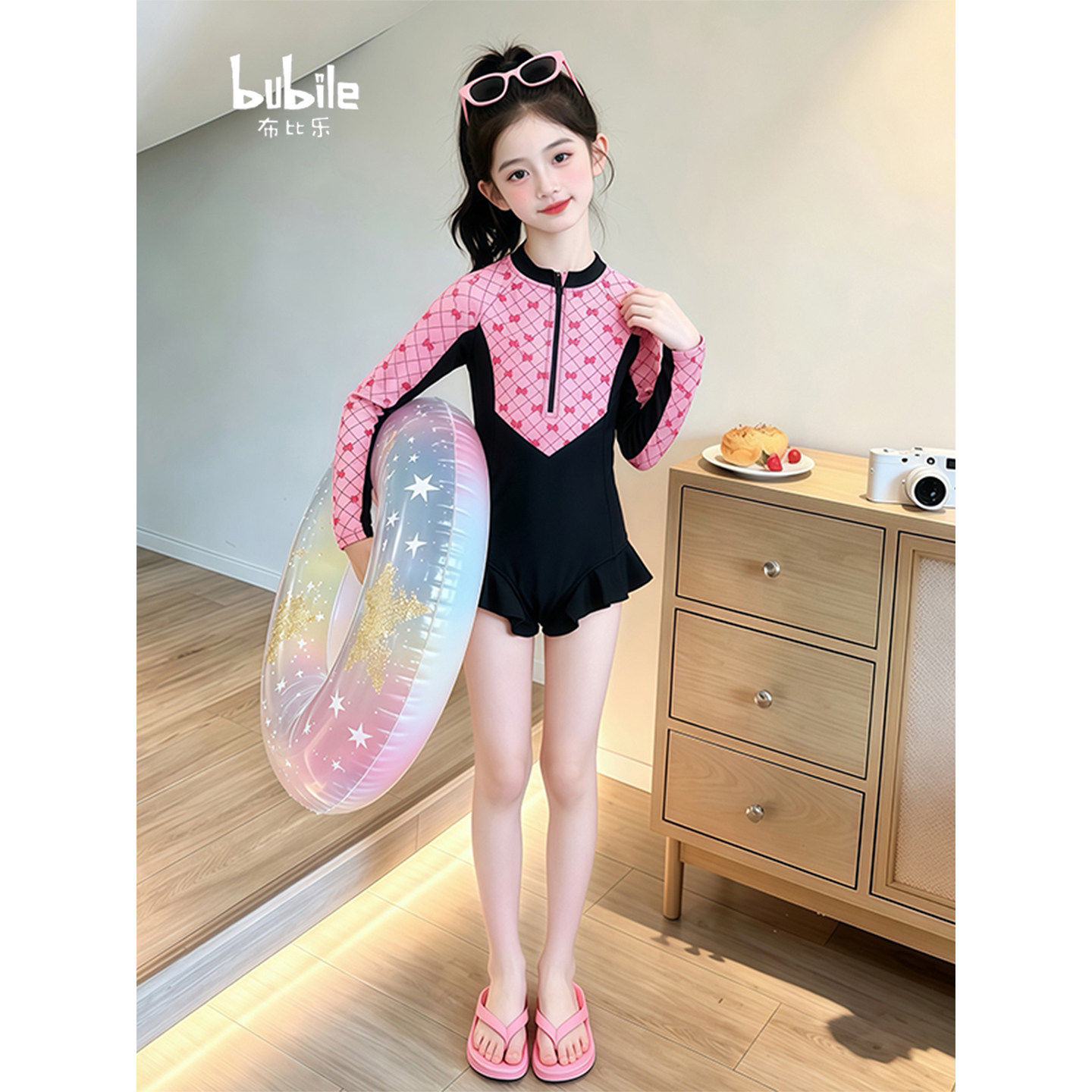 专柜正品泳衣女儿童2026新款女童连体游泳衣夏季女孩好看花边拼色