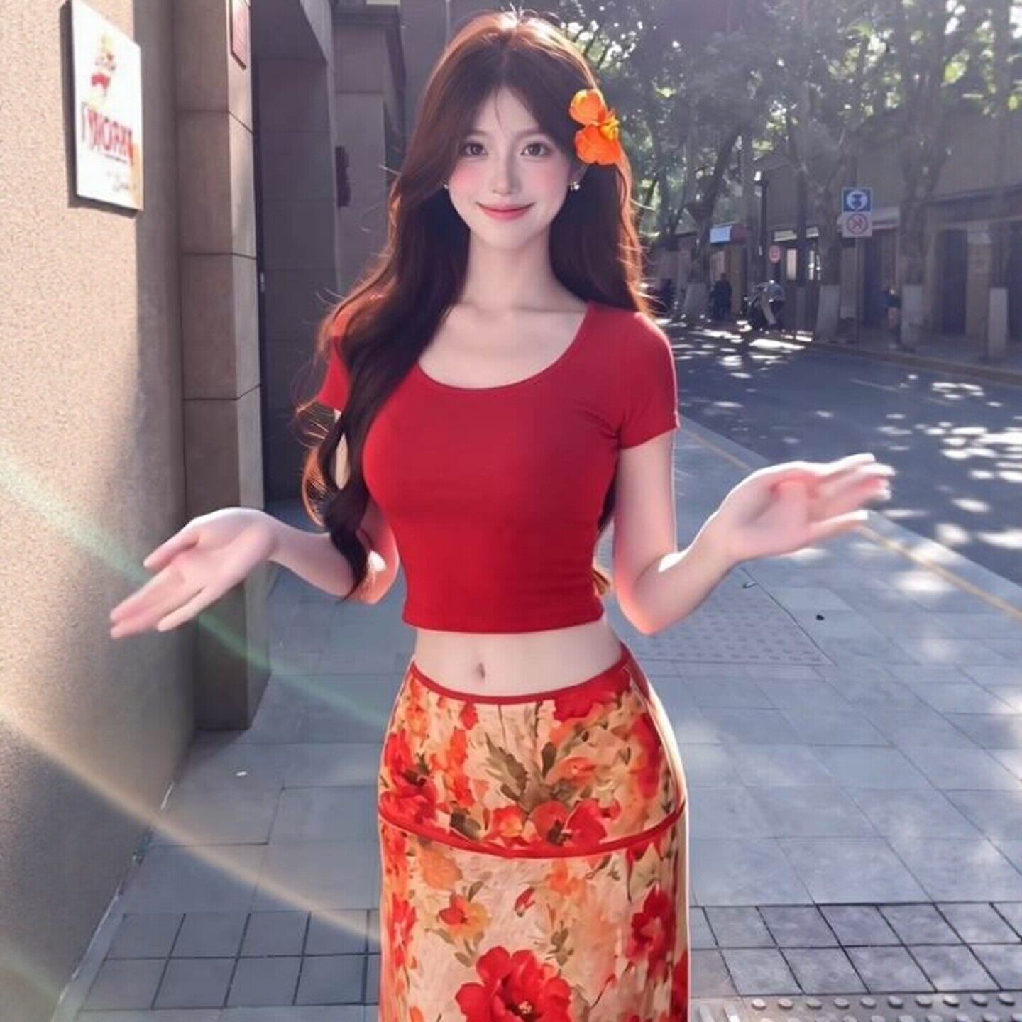 专柜正品复古独特绝美红色上衣印花半身裙两件套装减龄搭配一整套