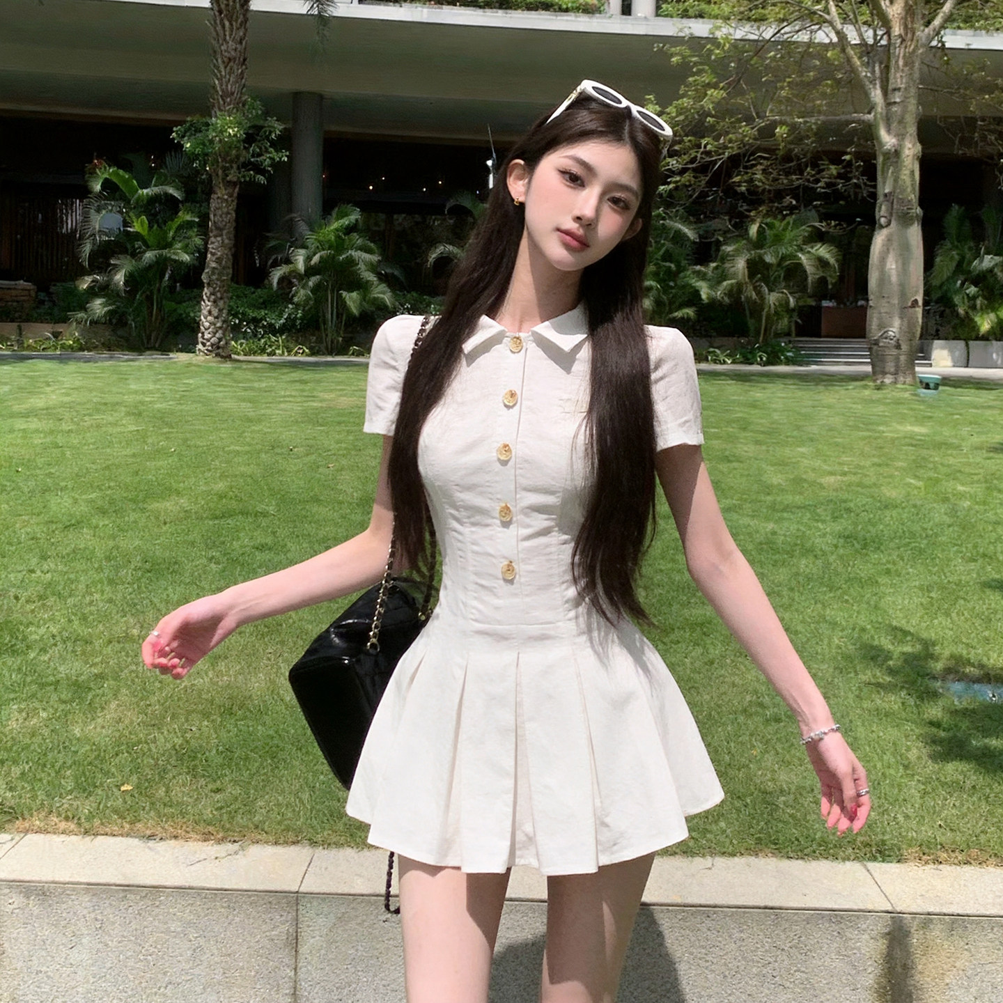 专柜正品 风像个少女  全棉学院风竖纹肌理感衬衫连衣裙百褶裙子