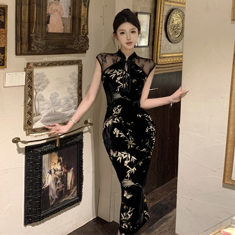 专柜正品新中式国风改良旗袍裙复古丝绒印花端庄大气名媛御姐风包