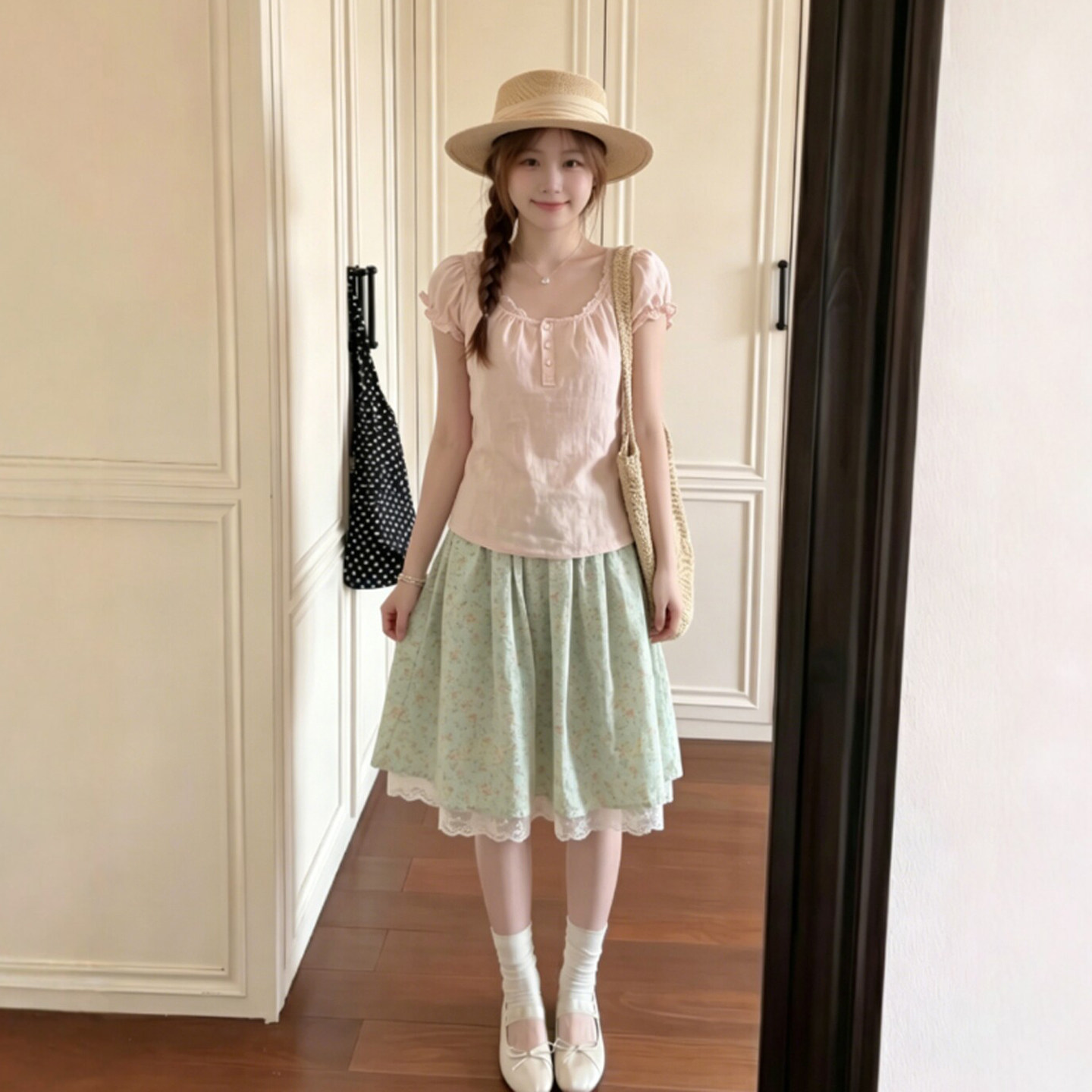 专柜正品韩系独特绝美小套装超好看粉色泡泡袖衬衫碎花半身裙两件