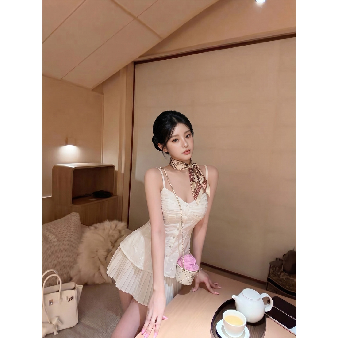 专柜正品法式甜辣风气质套装裙女夏季无袖吊带衬衣百褶短裙两件套