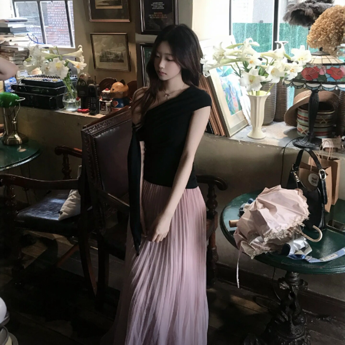 专柜正品法式独特超好看的斜肩上衣半身裙两件套装减龄搭配一整套