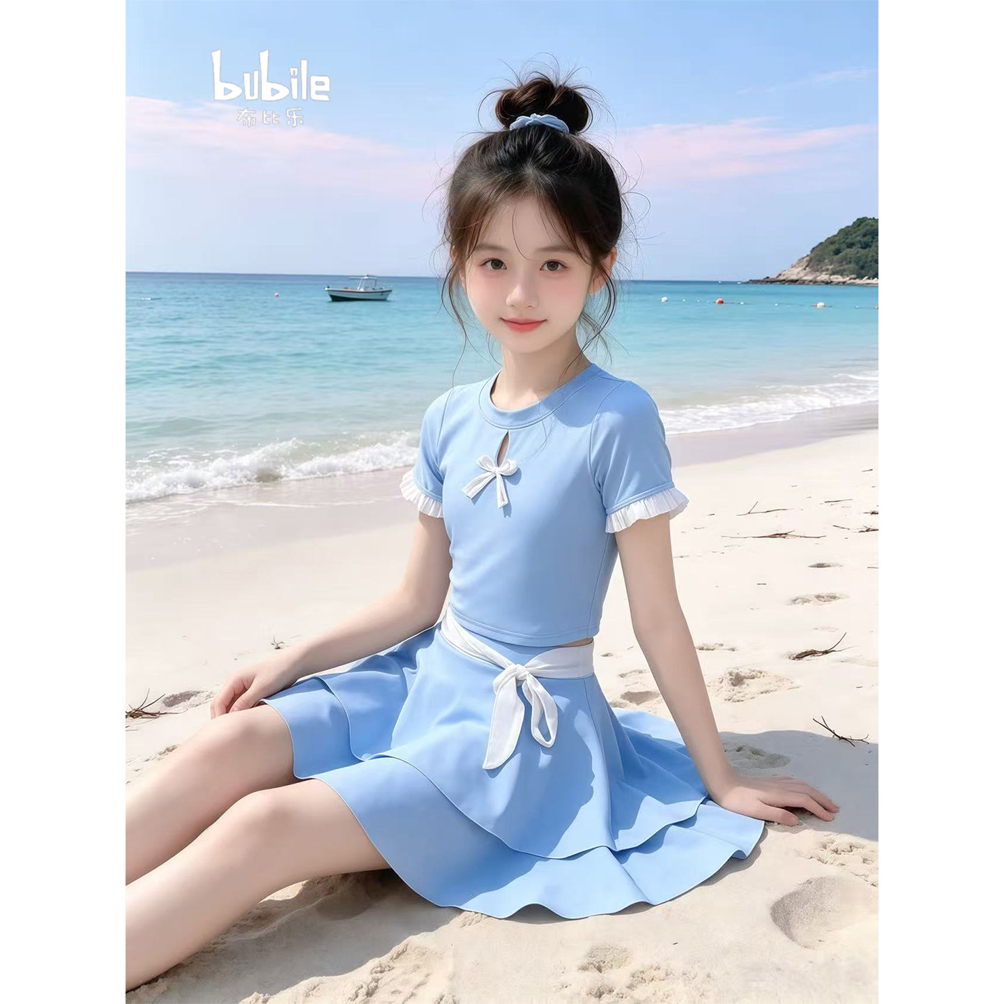 专柜正品女童分体泳衣2026新款夏季儿童蝴蝶结花边短袖上衣防走光