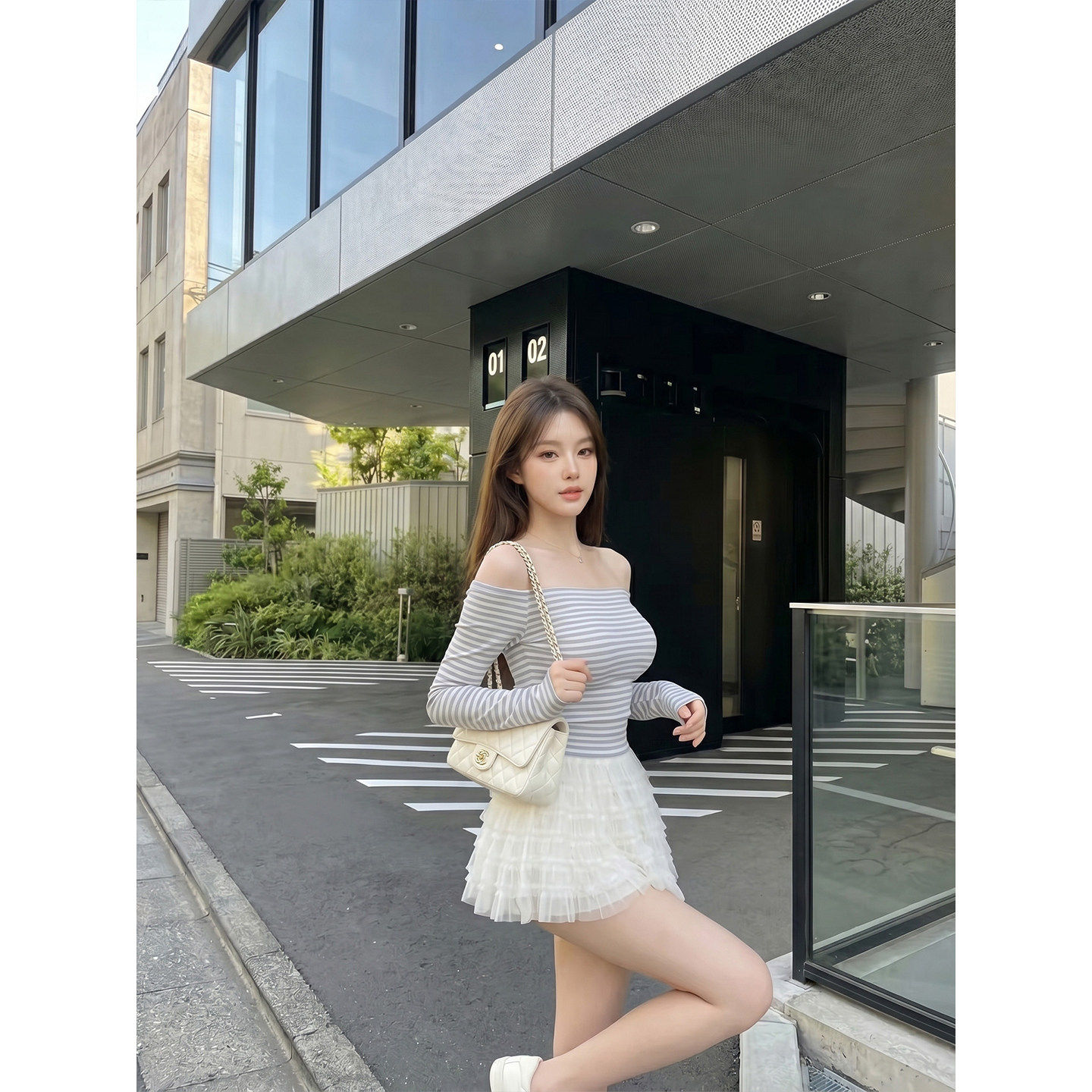 专柜正品韩系条纹一字肩t恤女夏季薄款修身收腰防晒长袖露肩上衣