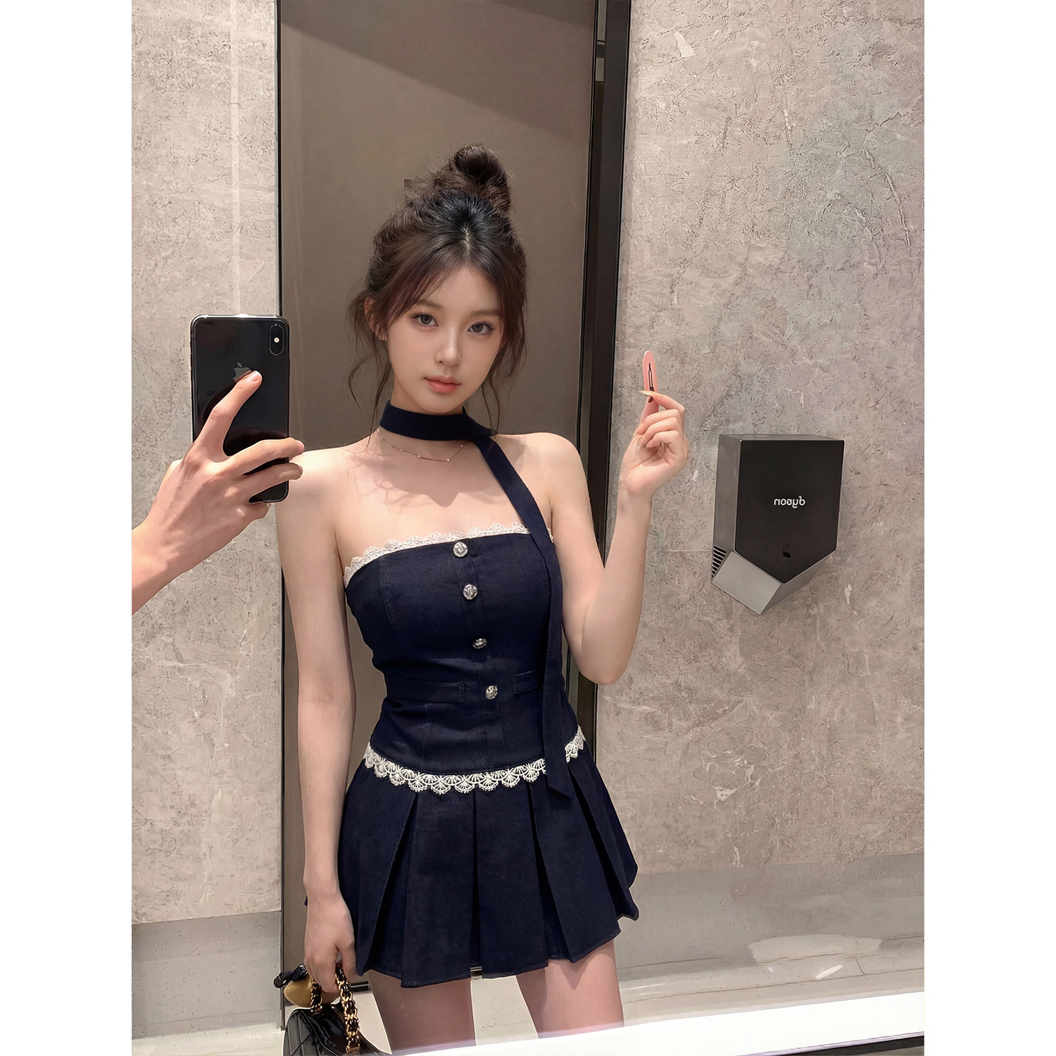 专柜正品纯欲风辣妹套装裙女夏季蕾丝边一字肩上衣百褶短裙两件套