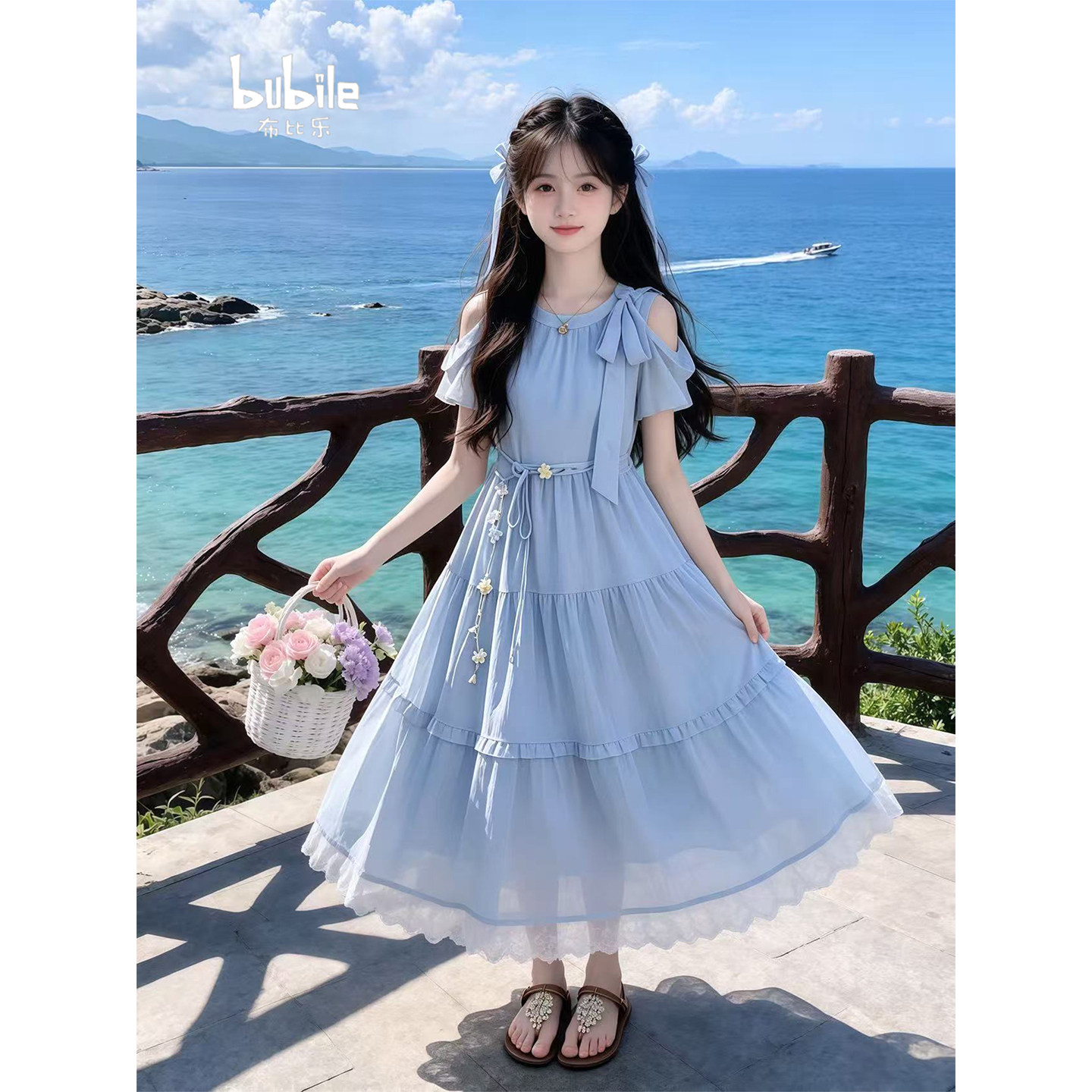 专柜正品女童连衣裙2026新款儿童露肩蛋糕裙蓝色公主裙夏季女孩超
