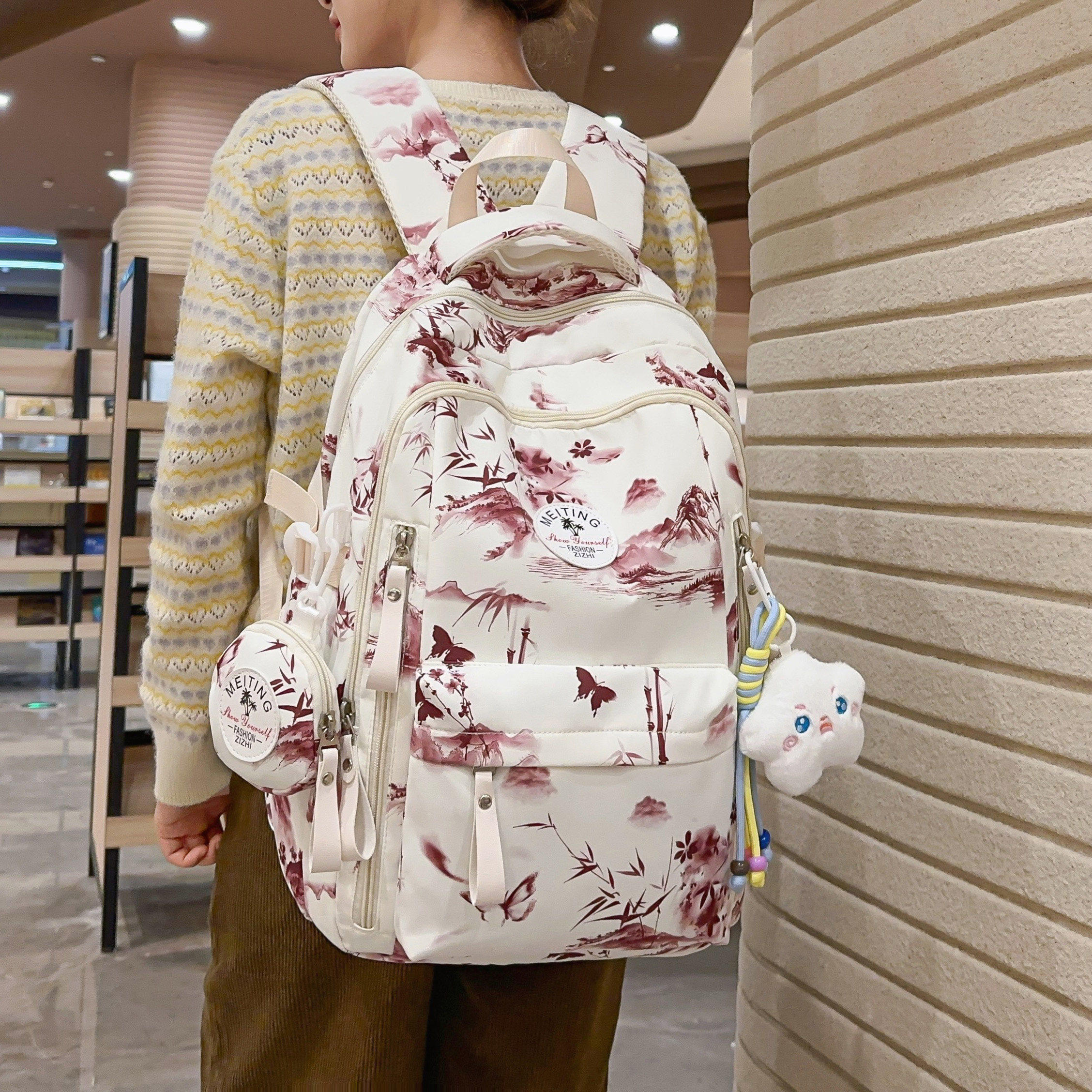 专柜正品通用书包女中国风水墨画印花潮流双肩包初中高中大学生上