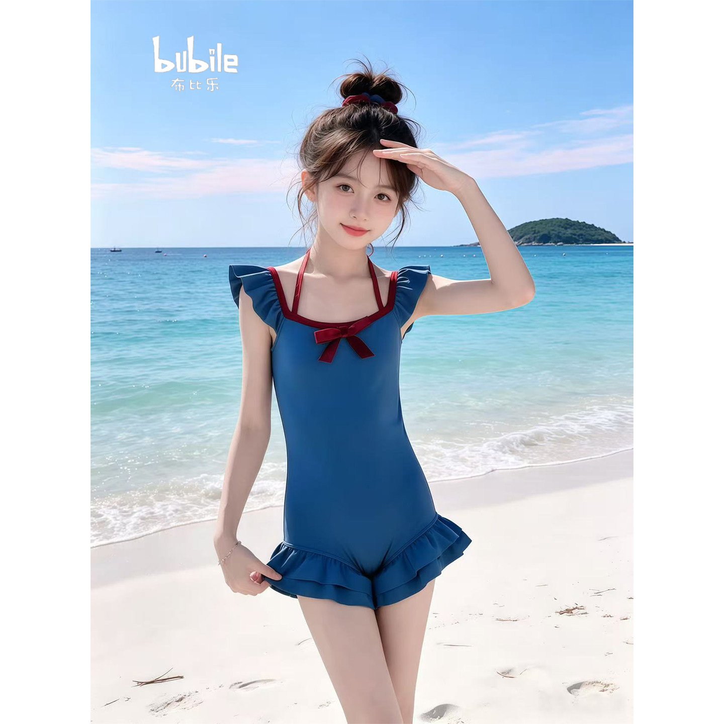 专柜正品女童复古连体泳衣2026新款儿童挂脖蝴蝶结小飞袖荷叶下摆