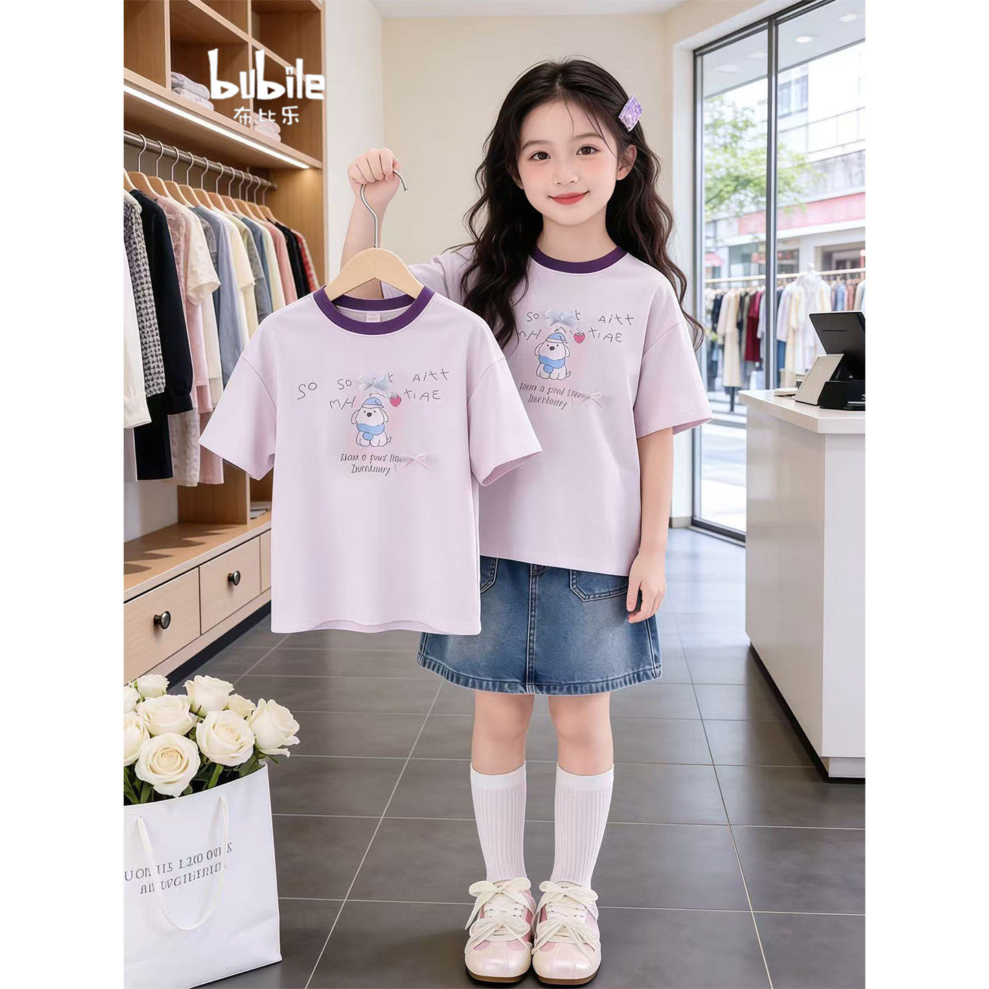 女童夏季套装2026新款巨好看黑尼小狗短袖T恤洋气牛仔裙两件套潮