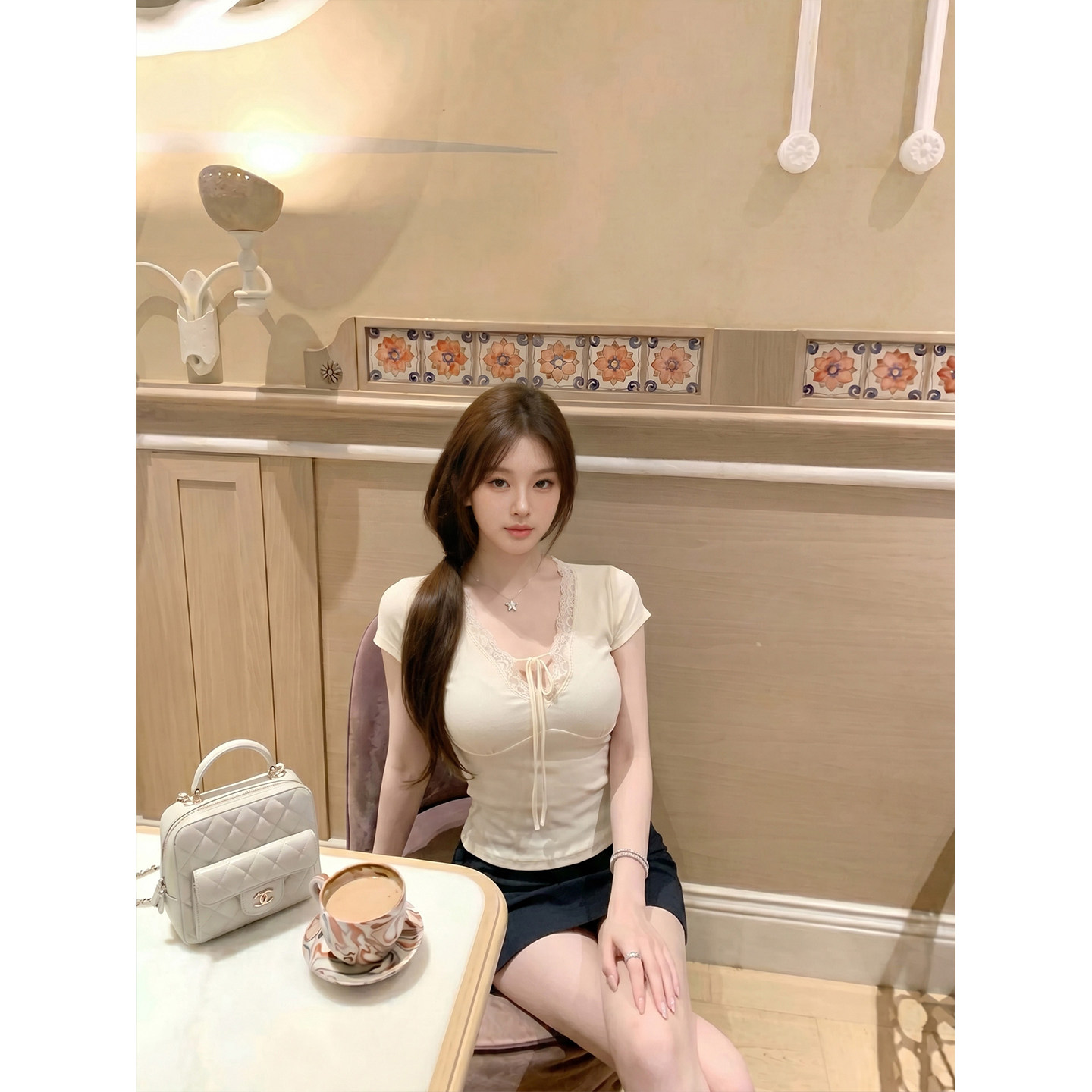 专柜正品纯欲风V领短袖T恤女夏季蕾丝边系带修身显瘦辣妹气质上衣