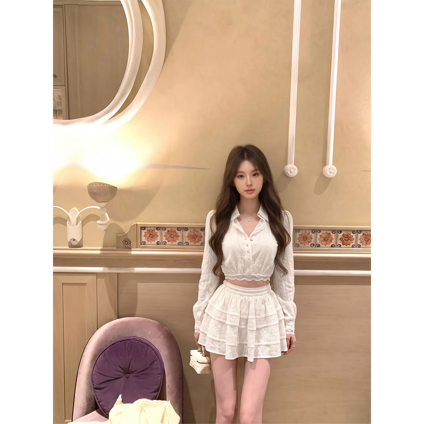 专柜正品法式气质衬衫套装女夏蕾丝边短款防晒衬衫蛋糕短裙两件套
