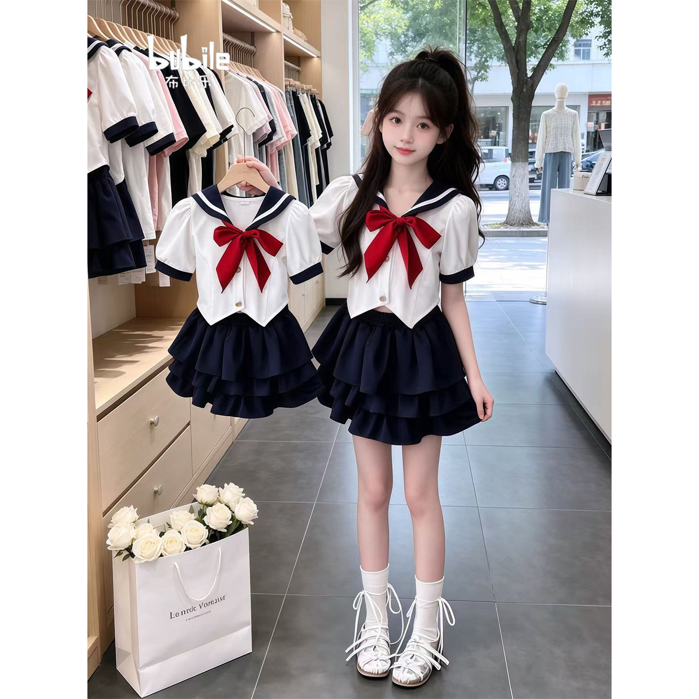 专柜正品女童JK学院风套装2026新款夏季儿童泡泡袖上衣蝴蝶结蛋糕