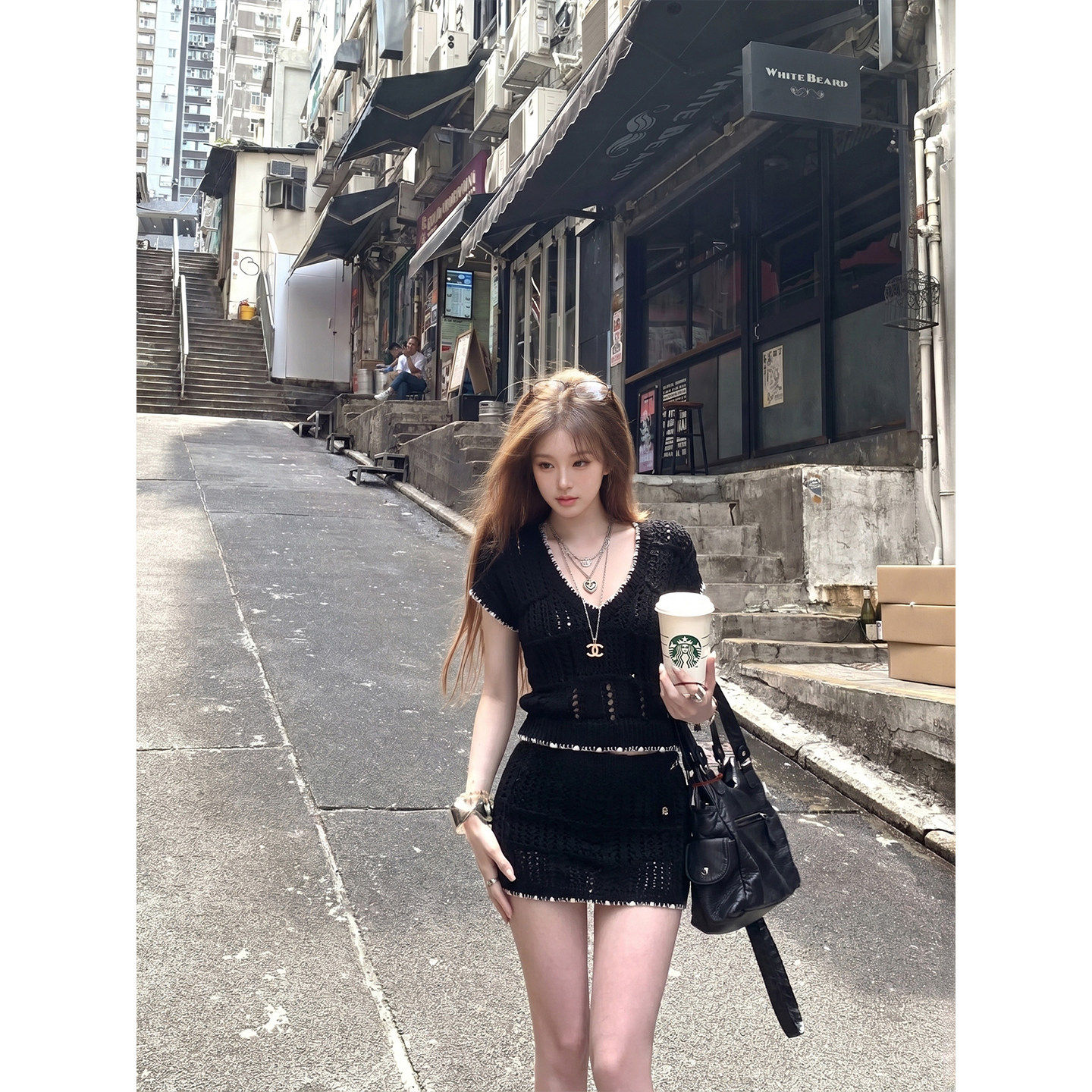 专柜正品黑色镂空针织套装裙女夏季薄款V领短袖上衣包臀短裙两件