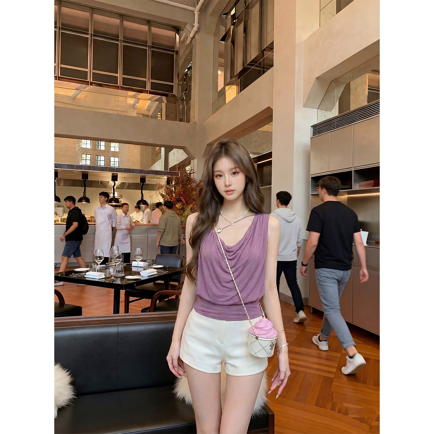 专柜正品法式荡领背心衬衣女夏季褶皱修身显瘦气质无袖露背小上衣