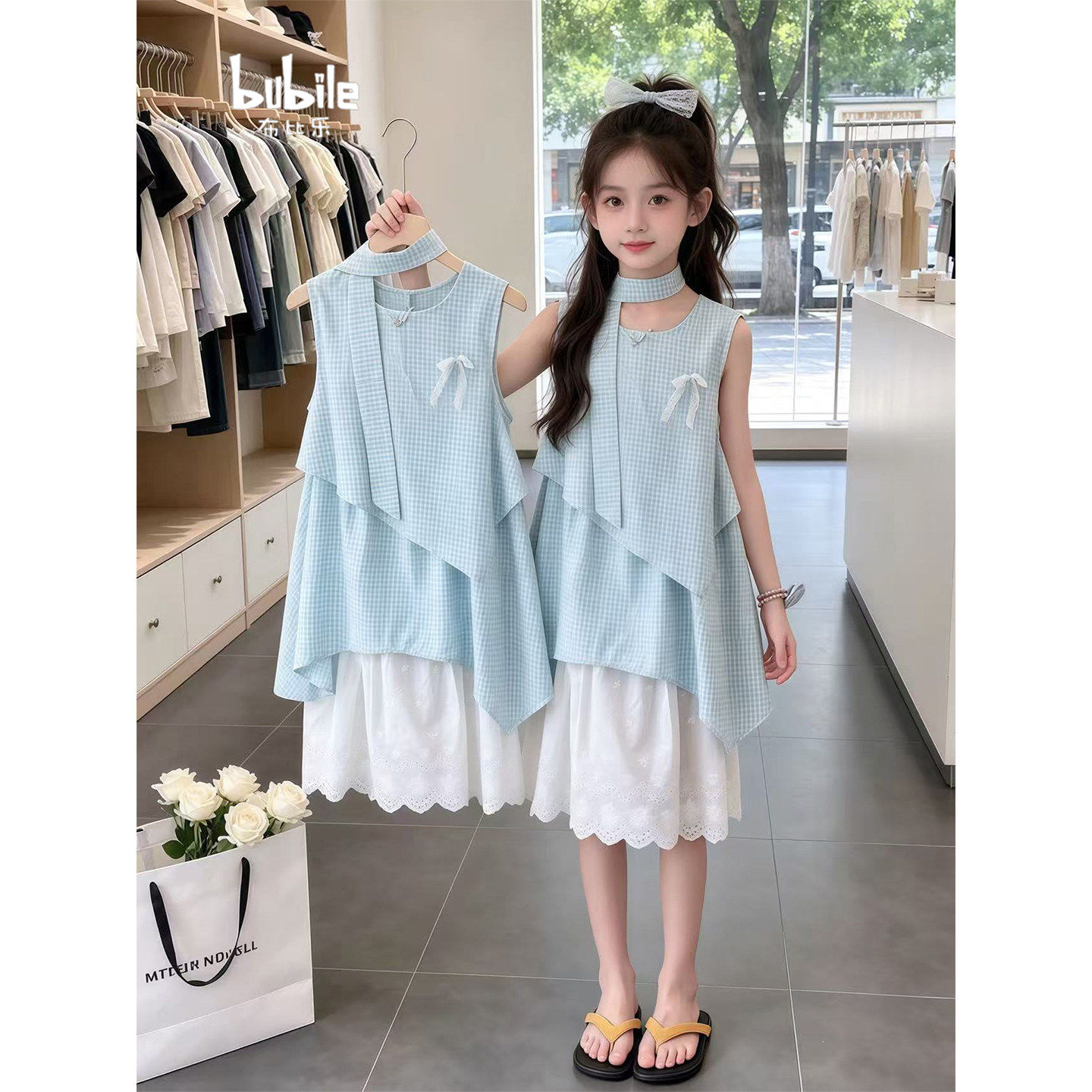 专柜正品女童连衣裙2026新款儿童格纹公主裙不规则背心裙夏季女孩