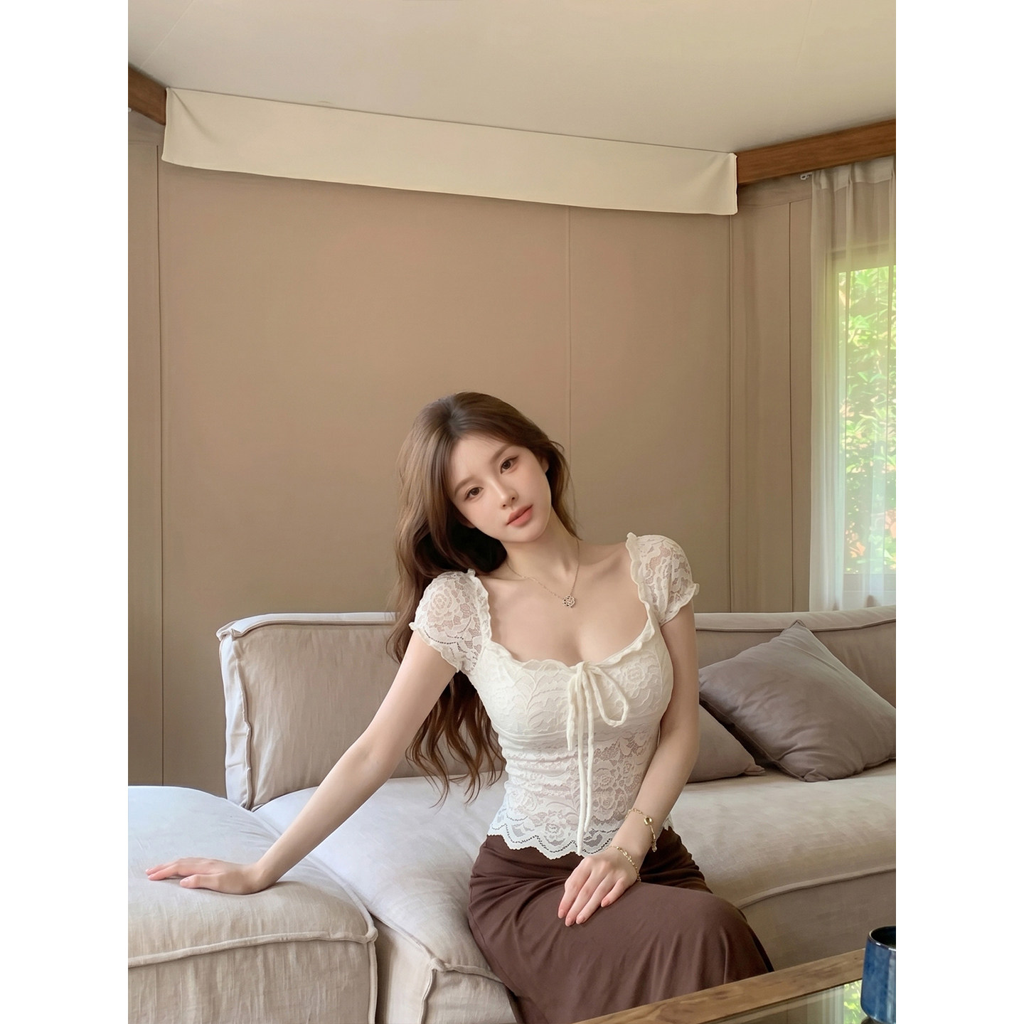 专柜正品法式方领短袖蕾丝衫女夏季花边镂空小衫修身显瘦气质上衣