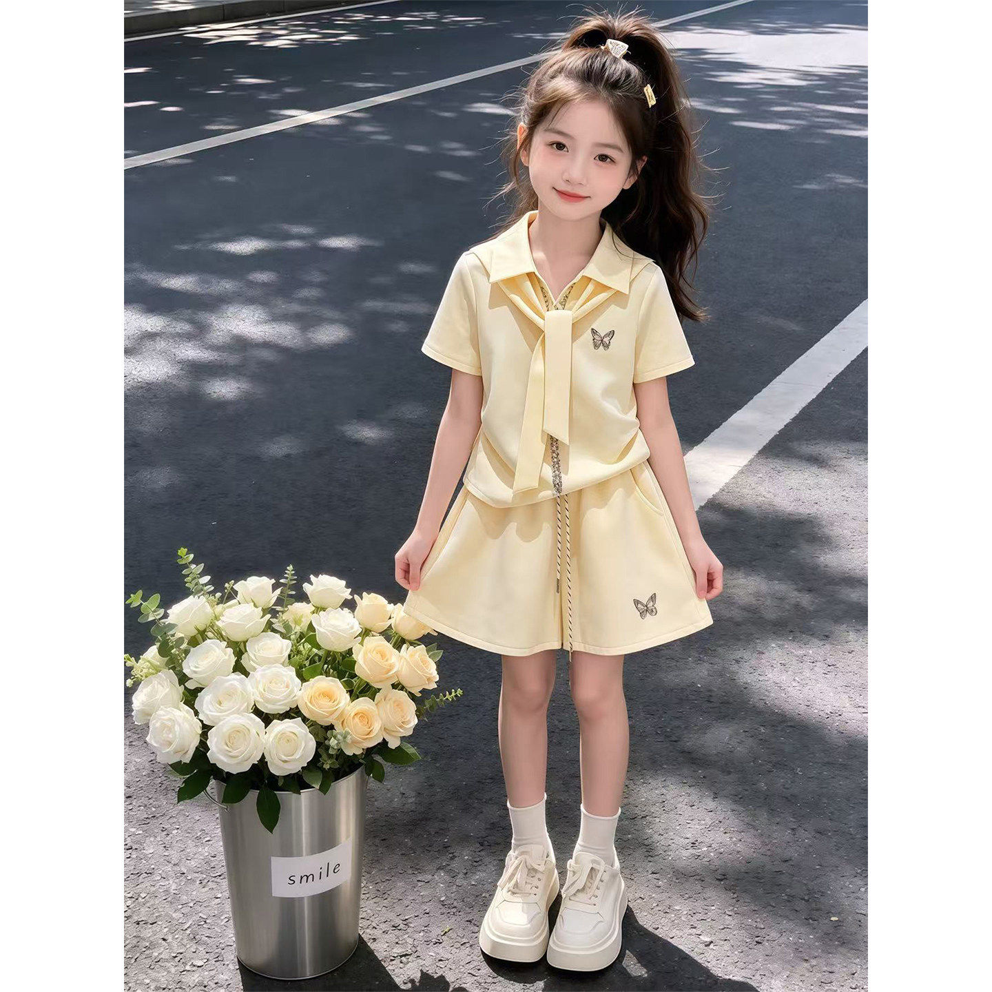 女童套装2026新款夏季蝴蝶黄色独特漂亮韩版领带T恤半身裙两件套