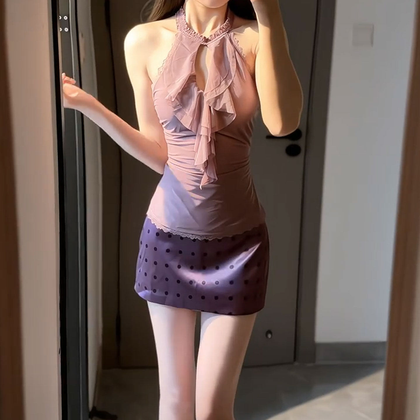 专柜正品紫色系穿搭一整套独特超好看的吊带上衣包臀短裙两件套装