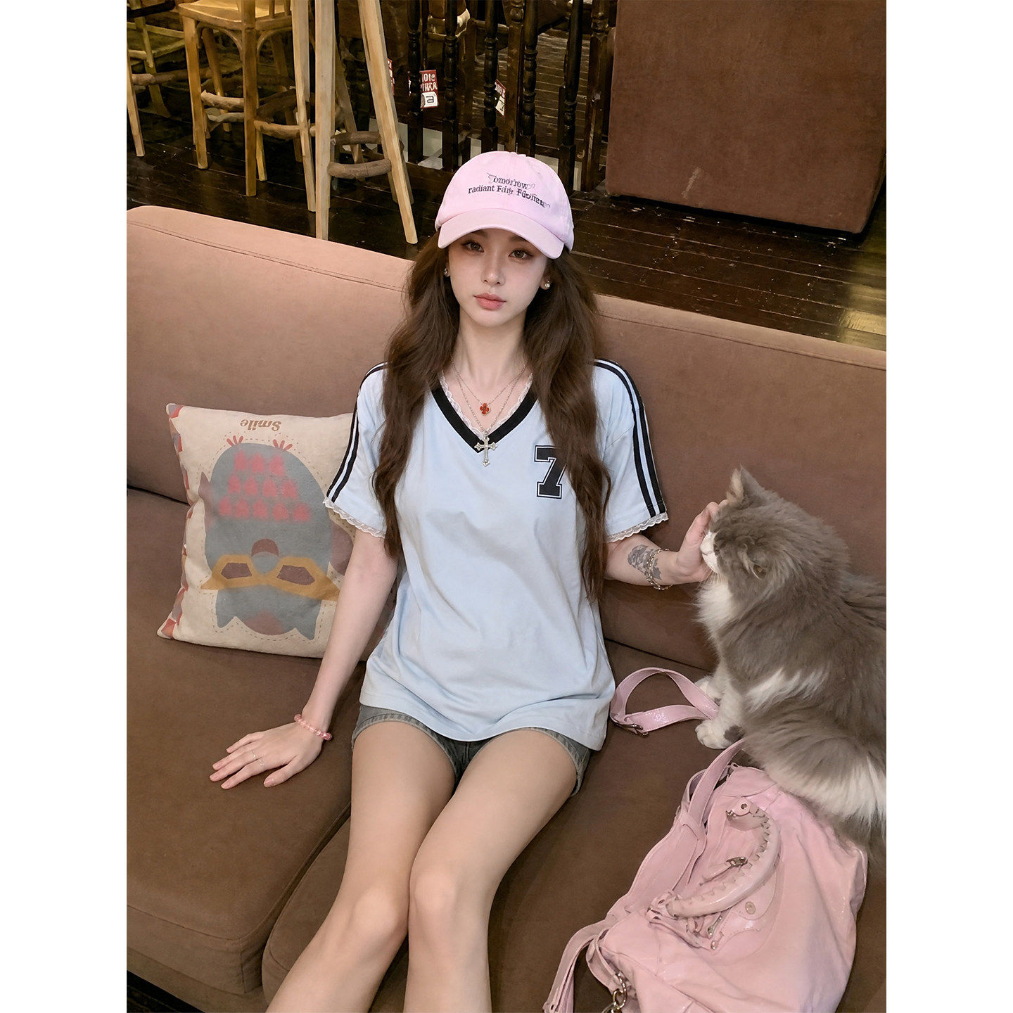 专柜正品美式蕾丝花边短袖T恤女夏季撞色V领球衣宽松显瘦休闲上衣