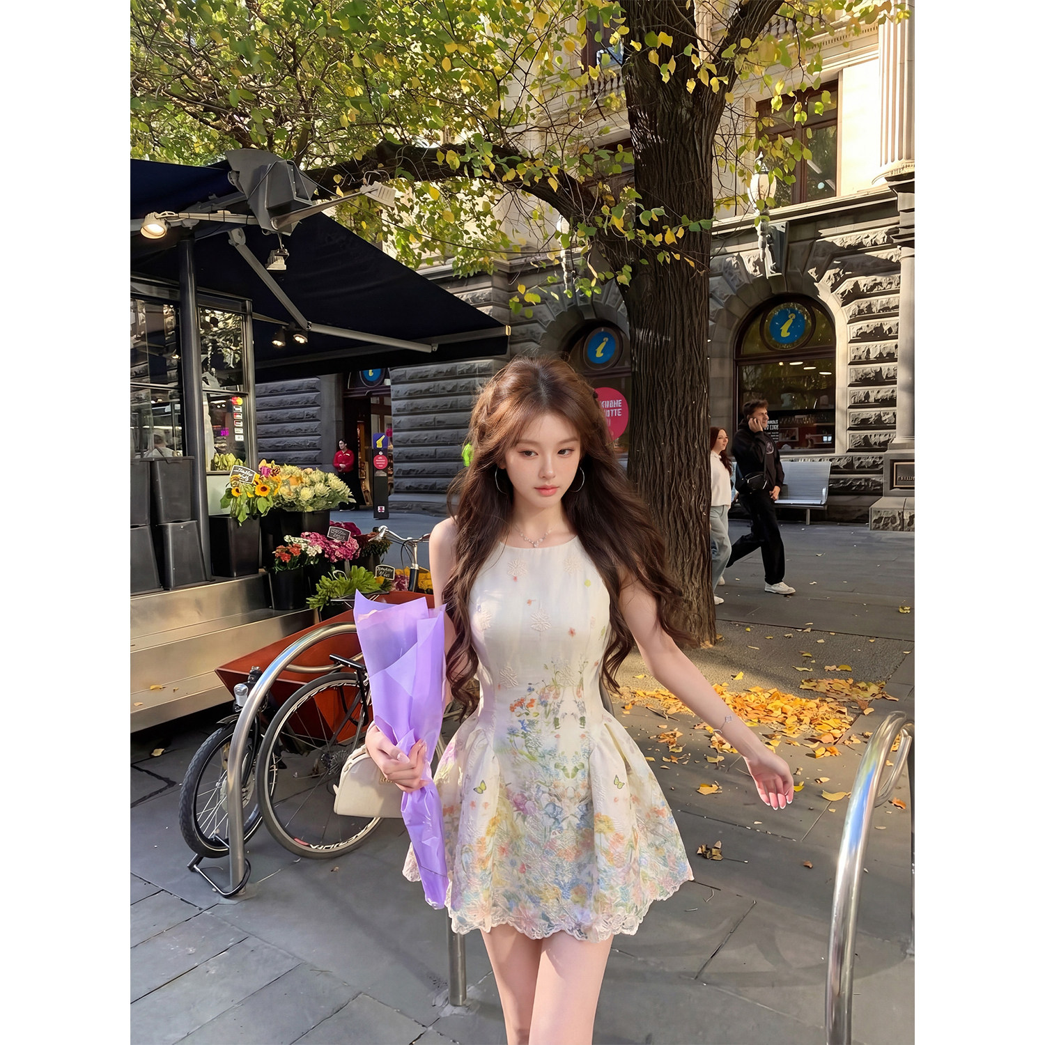 专柜正品法式气质提花挂脖连衣裙女夏季收腰显瘦碎花无袖背心短裙