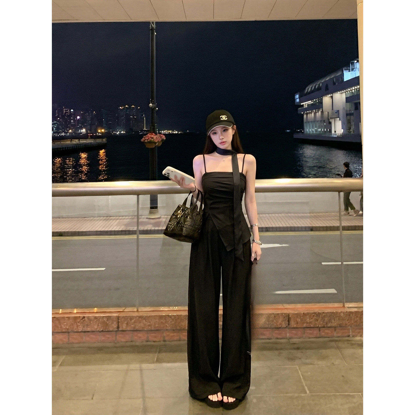 专柜正品黑色御姐休闲套装女夏季挂脖飘带收腰吊带阔腿长裤两件套