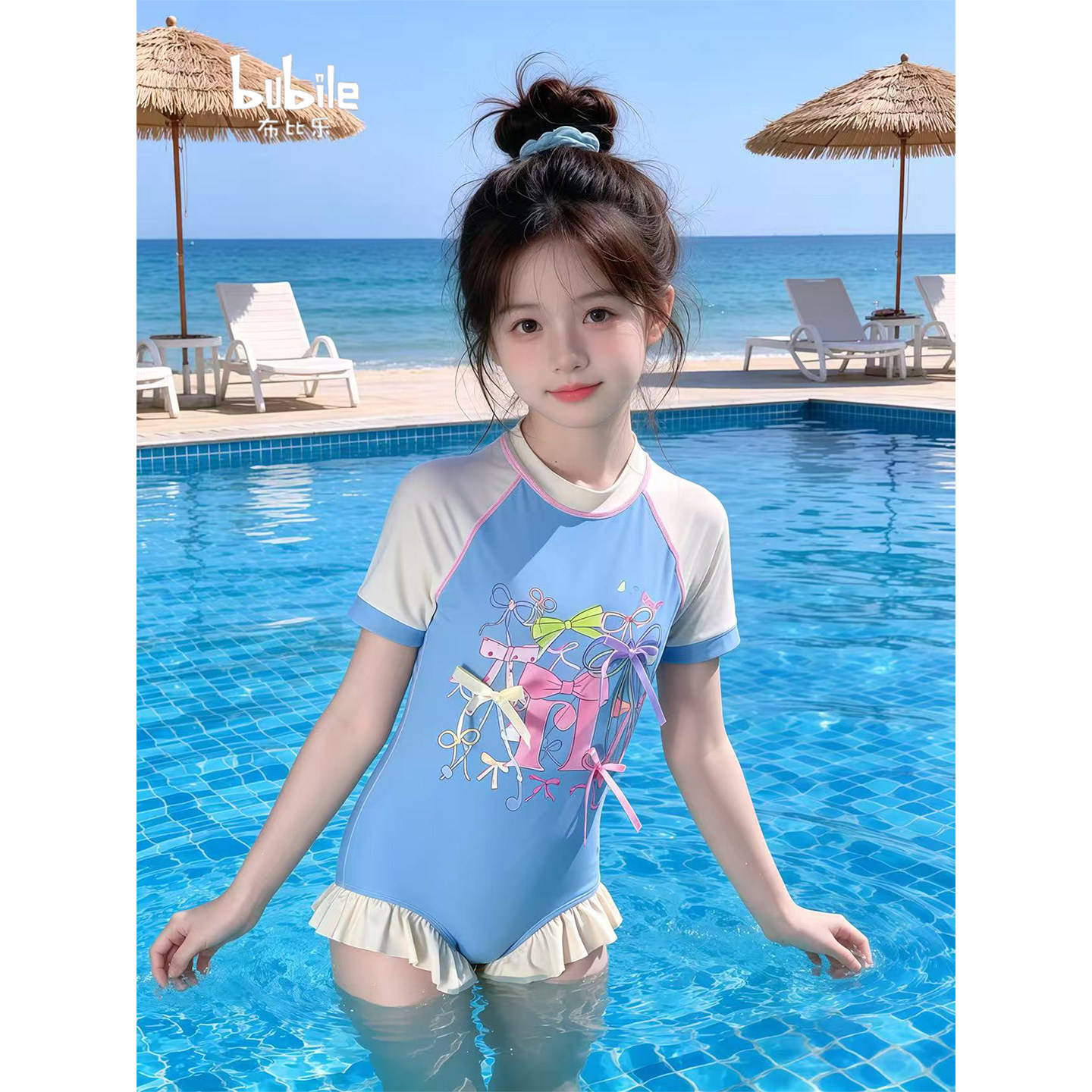 专柜正品女童连体泳衣2026新款儿童撞色蝴蝶结印花荷叶边中大童甜