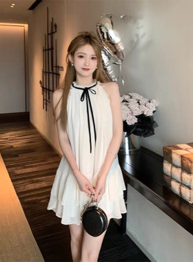 十三行正品纯欲辣妹白色挂脖无袖连衣裙女收腰显瘦小个子仙女风雪
