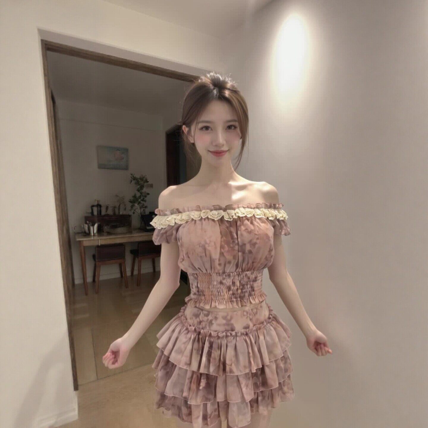专柜正品26初夏独特绝美小套装温柔风超好看一字肩上衣碎花蛋糕短