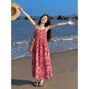 专柜正品女童海边裙子夏季2026新款初中生度假风连衣裙女孩大童红