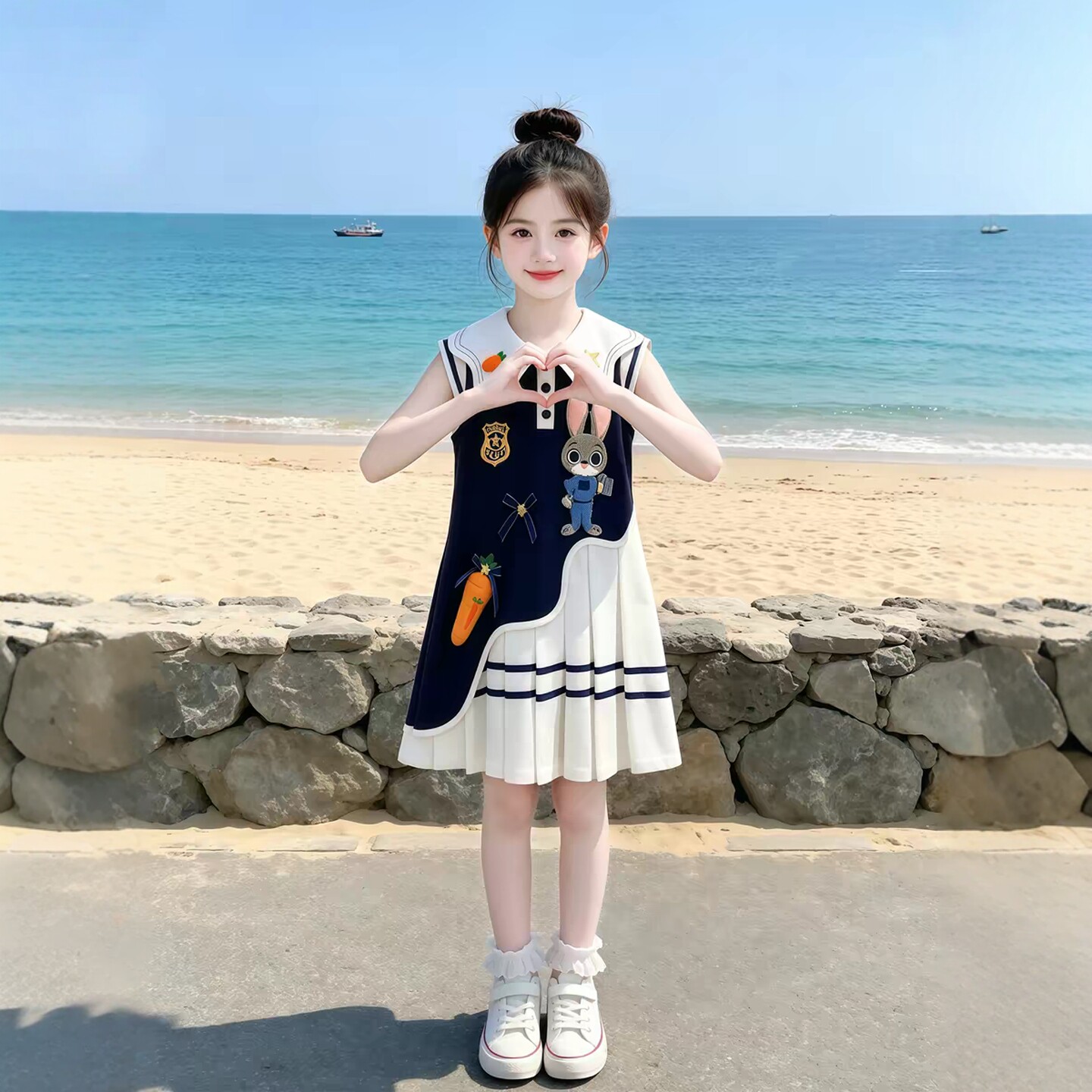 专柜正品女童夏季连衣裙2026新款卡通兔子警官学院风甜美中长裙