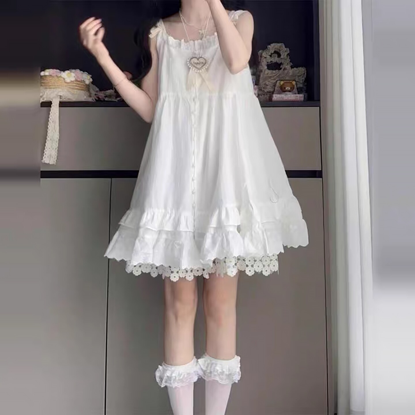 专柜正品法式白色蕾丝吊带连衣裙女娃娃领蛋糕裙绝美小裙子