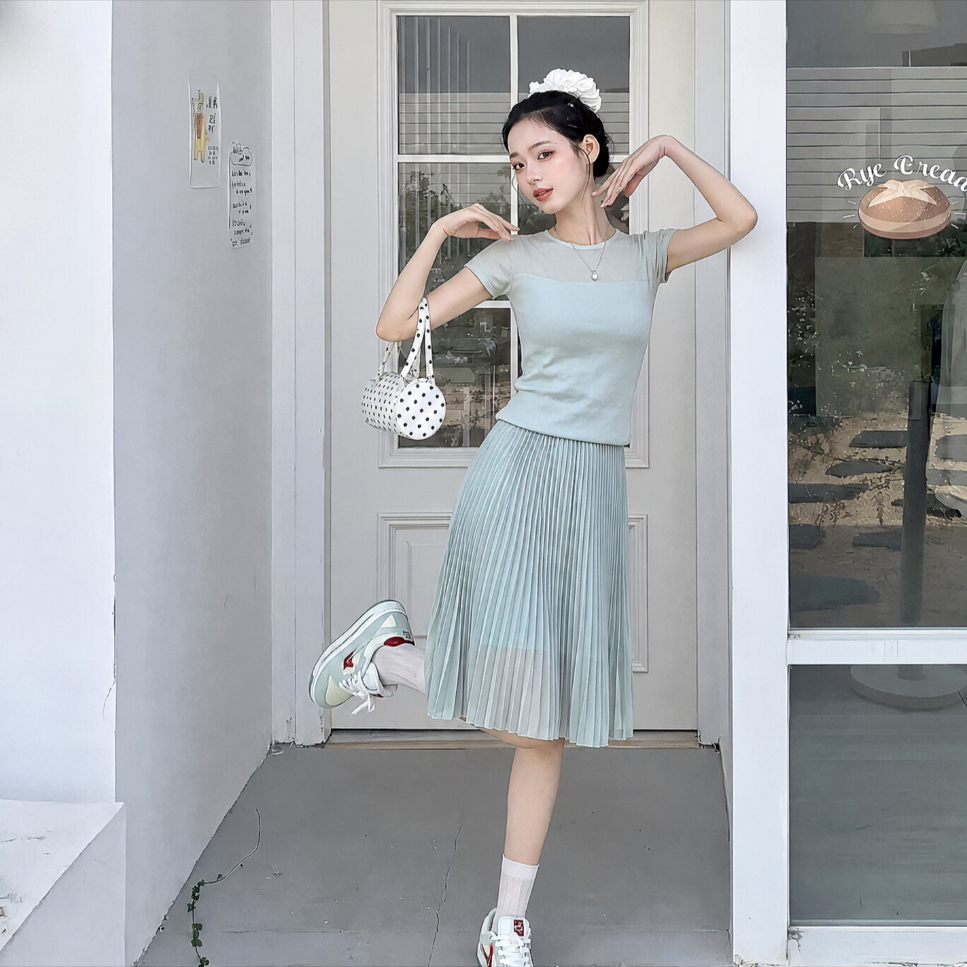 专柜正品网纱套装女夏短袖上衣百褶半身裙显瘦两件套