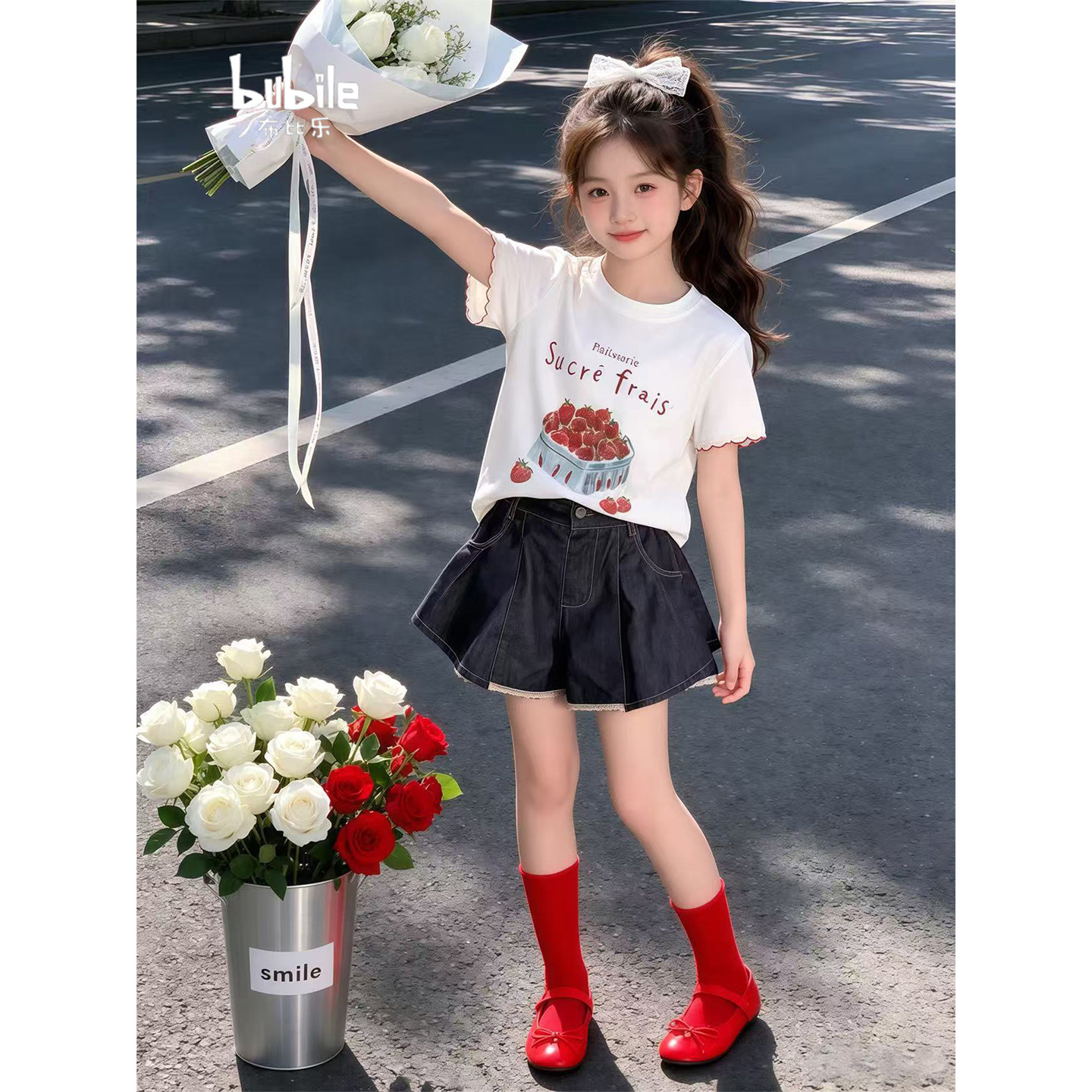专柜正品女童套装2026新款夏季草莓印花短袖牛仔短裤百搭童装儿童