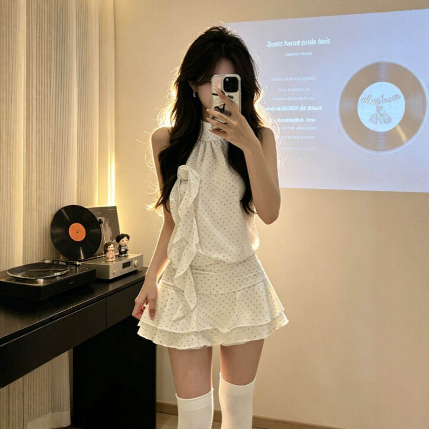 专柜正品小个子独特超好看的挂脖波点收腰显瘦吊带连衣裙绝美小裙