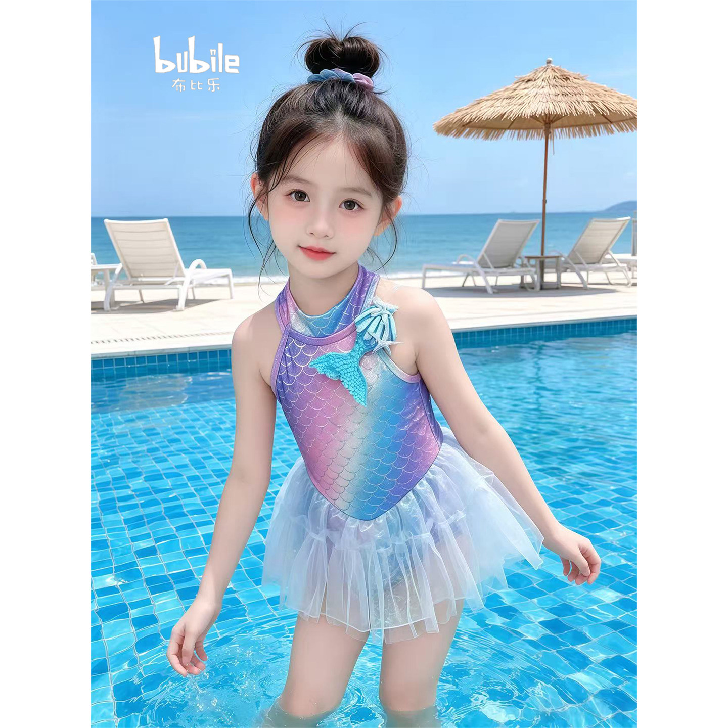 专柜正品女童泳衣2026新款儿童美人鱼网纱裙式连体游泳衣夏季女孩