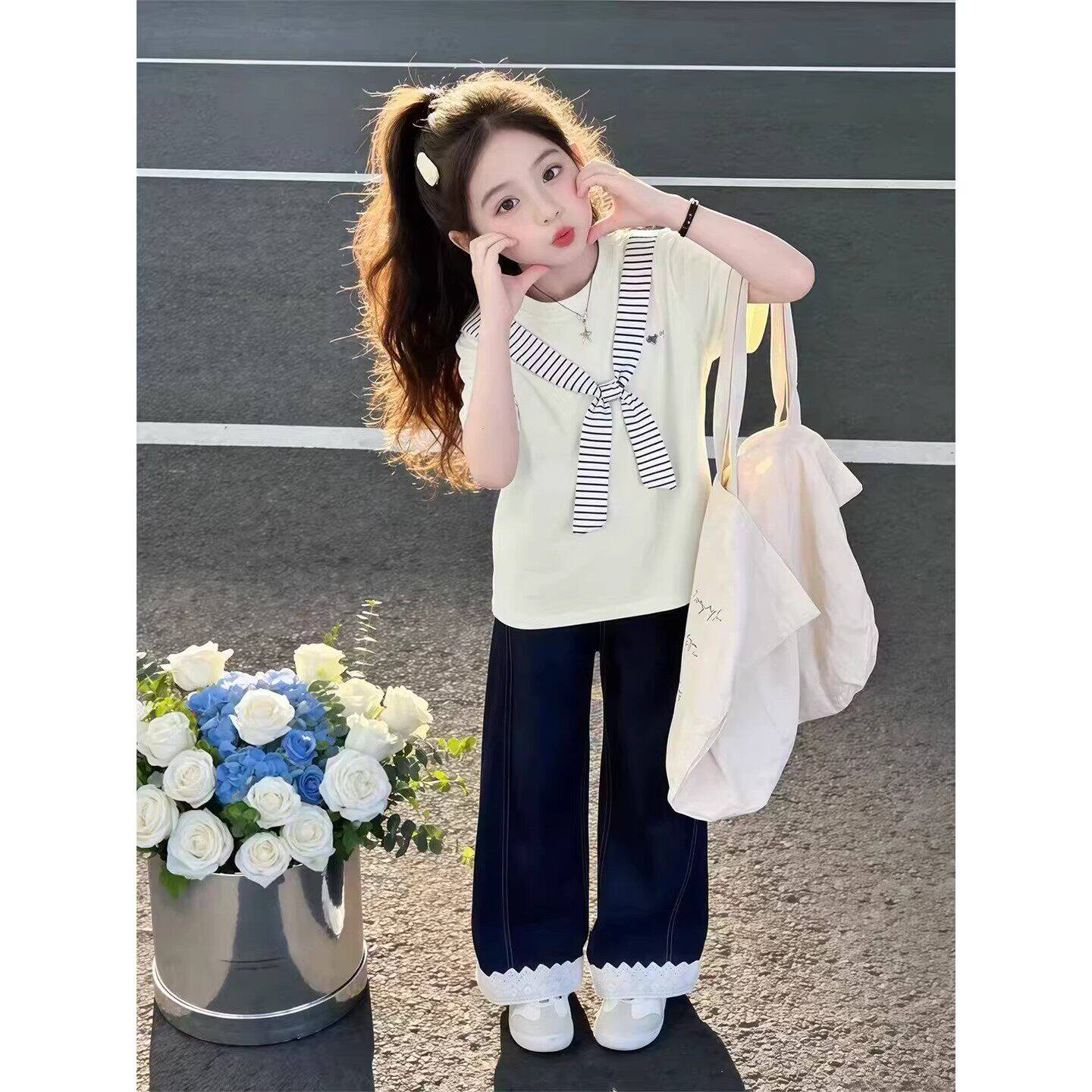 女童短袖T恤夏季薄款2026新款儿童洋气休闲牛仔裤夏装女孩两件套t
