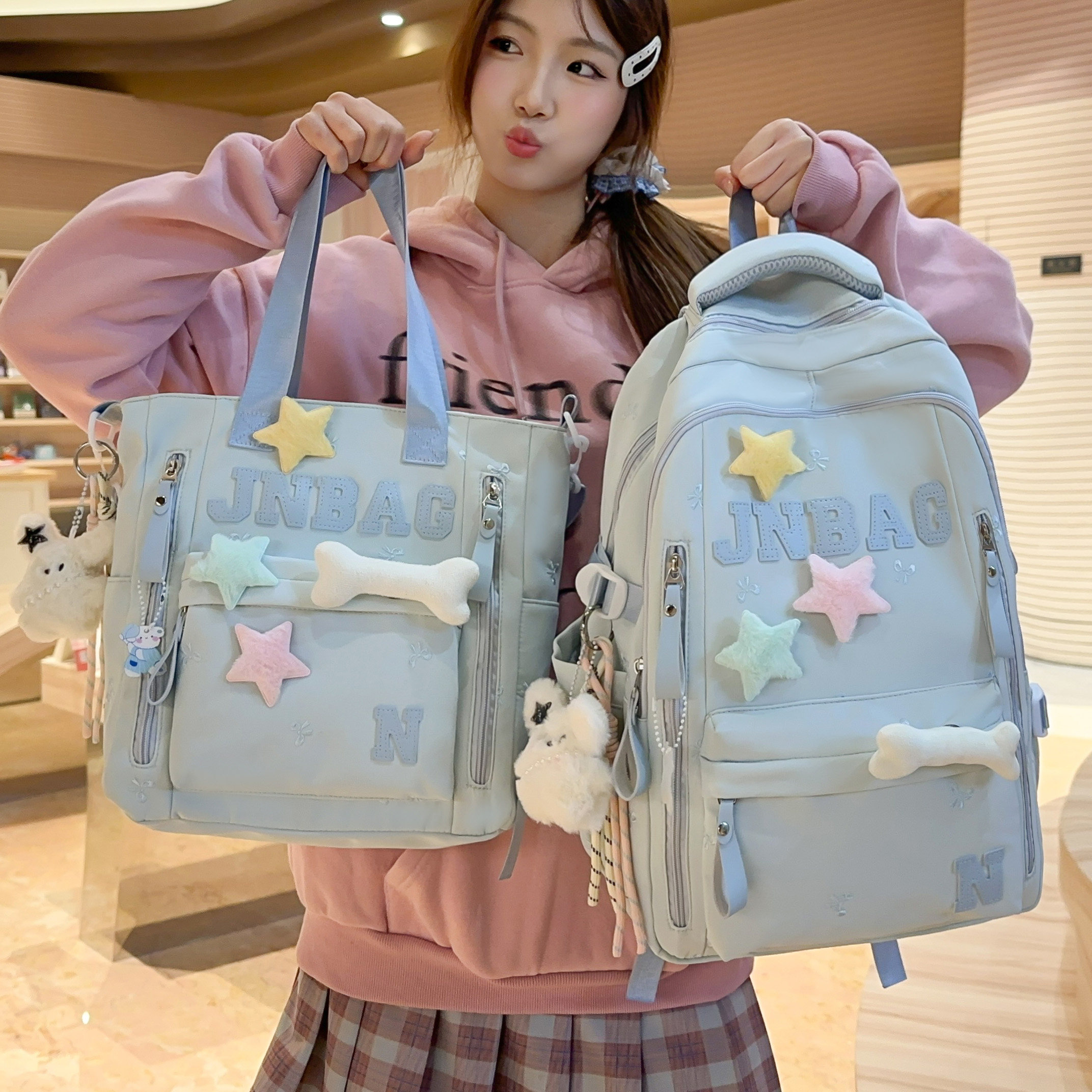 专柜正品可爱韩式字母书包女森系蝴蝶结刺绣双肩包纯色初高中学生